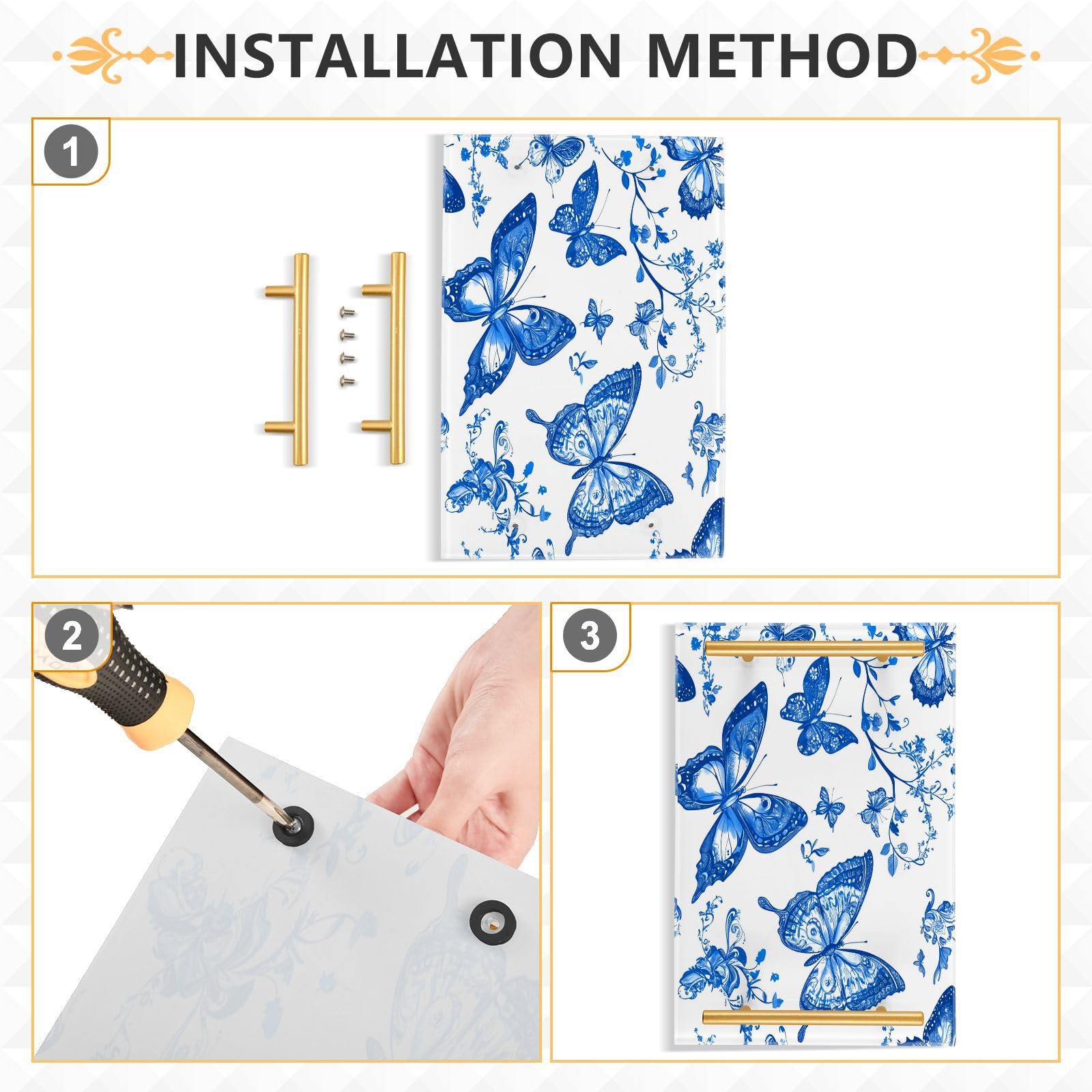 GUIJI Pretty Butterfly Acrylic Tray, Perfume Cosmetic Jewelry Decorative Trays Bathtub Organizer, Living Room Kitchen Serving Tray with Gold Handles