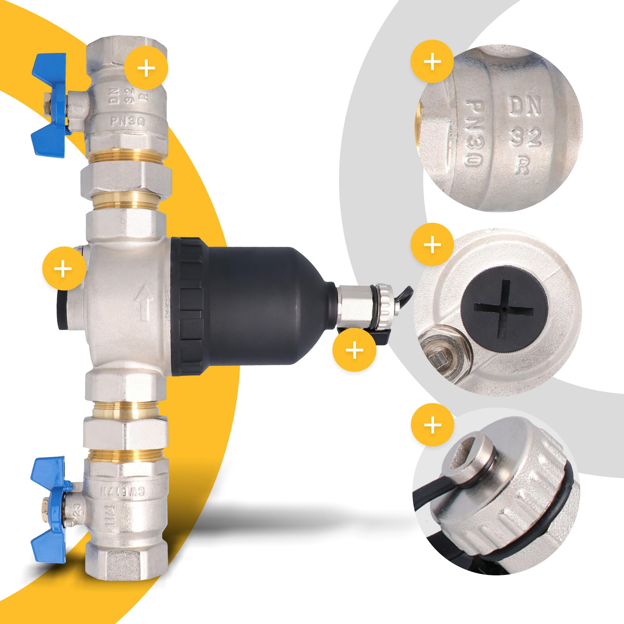 Instalguru Séparateur Boues Magnétique 1 1/4 Pouce DN32 Filtre Chauffage Purificateur Eau Chaude Installation Thermique Aimant Neodyme Filtre Filet Inoxydable