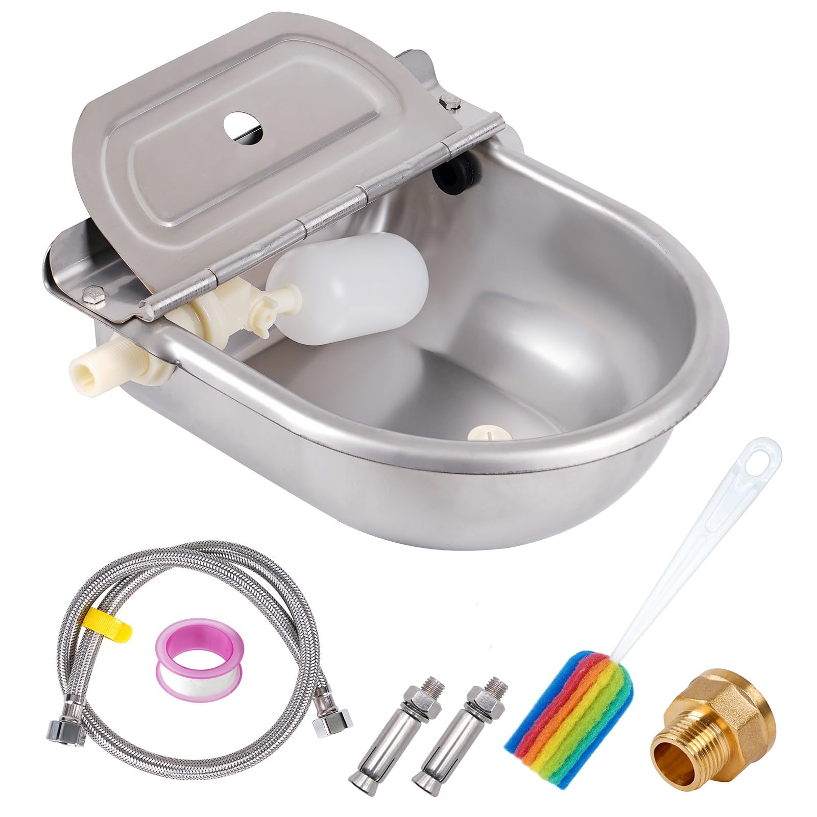 Abreuvoir automatique en acier inoxydable avec trou de drainage et tuyau tressé de 80 cm pour bovins, chevaux, moutons, chèvres, chiens