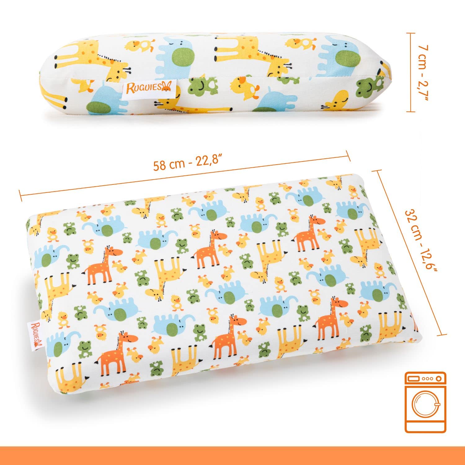 RUGUIES- Cuscino viscoelastico per bambini e neonati, ipoallergenico e traspirante- Cuscino per bambini- Rivestimento lavabile in 100% cotone-OEKO-TEX- Da 1 a 10 anni XL (58x32x 5 o 7cm).