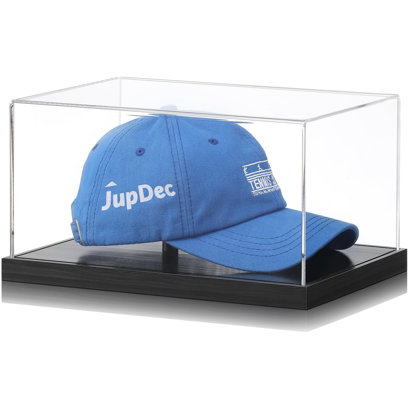 JupDec Hat Display Case, Clear Acrylic Baseball Cap Display Box Stand, UV Protection Signed Hat Transparent Showcase with Solid Wood Base Risers & Hat Shaper, Ideal Gift for Caps Collector, Black