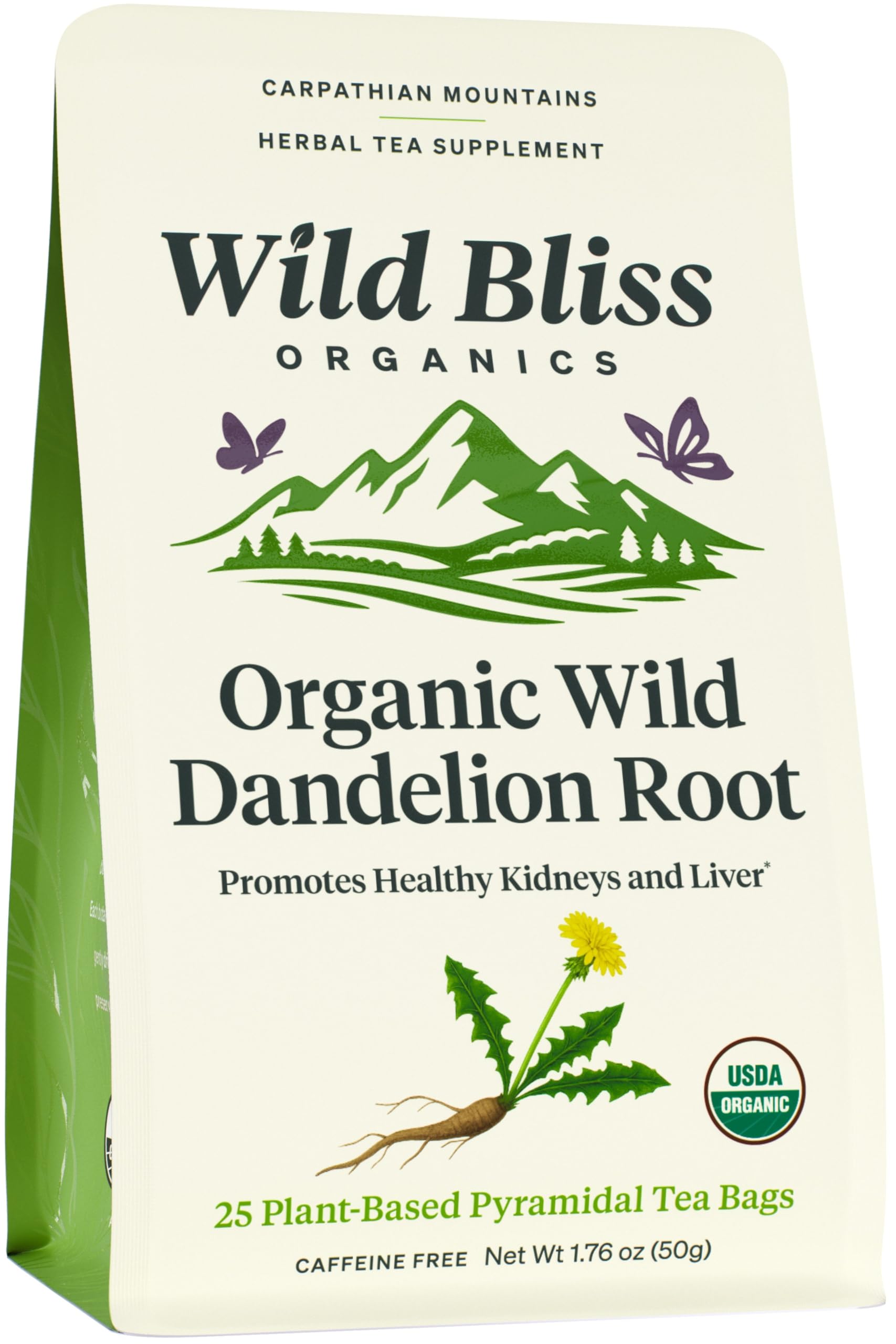 Wild Bliss Organic Raw Dandelion Root Tea - Caffeine Free Herbal Detox Support - 25 Plant Based Tea Bags