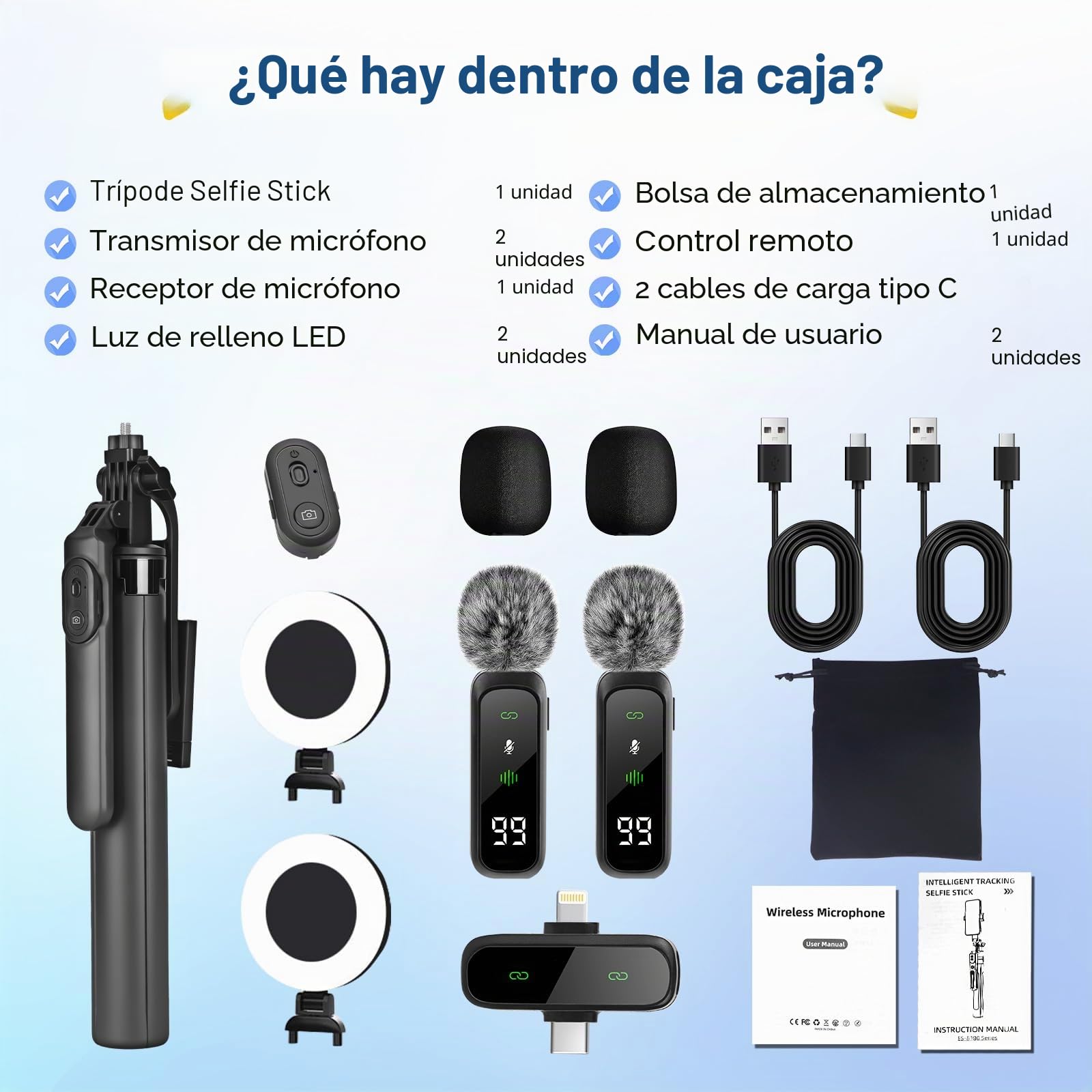 Kit de inicio para iPhone/Android, trípode de teléfono móvil de 180 cm con 2 micrófonos llenos e inalámbricos, kit de inicio de palo selfie para Tiktok/YouTube