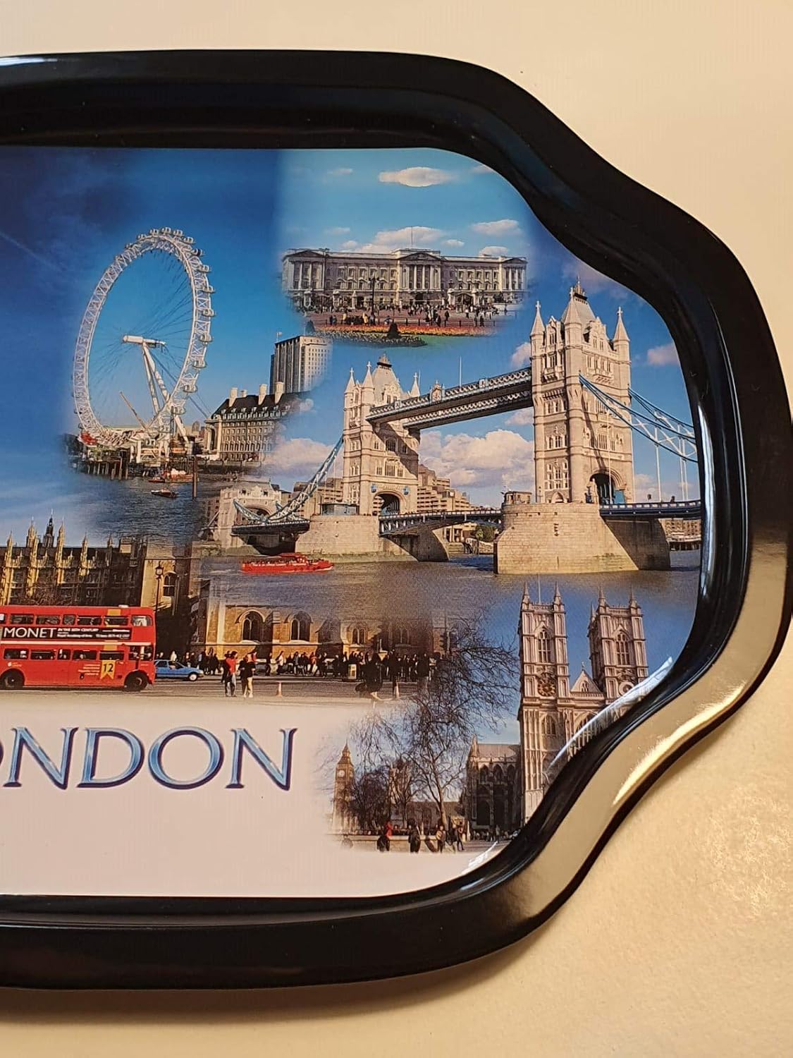 London Photo Collage Small Serving Tray - Blue Sky/Big Ben/Tower Bridge/Westminster Abbey/Red Double-Decker Bus/Royal Guard/Buckingham Palace/Union Jack/British Souvenir England UK - Image 4