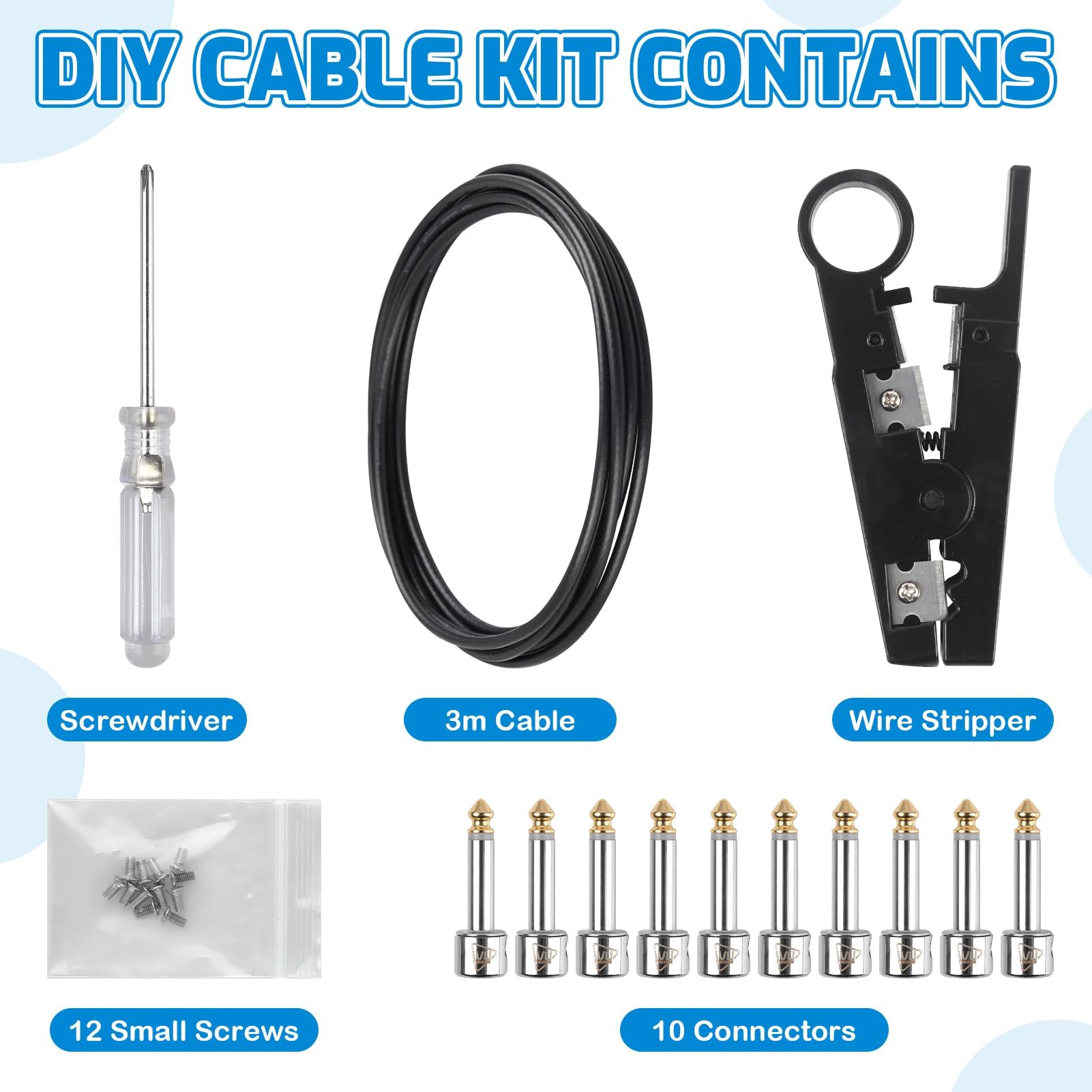 Lötfreies Pedalboard-Kabel-Set, 3 m Kabel und 10 vergoldete Steckverbinder für Gitarreneffekte und Pedalplatine, DIY-Patchkabel mit Cutter, Bolzentreiber