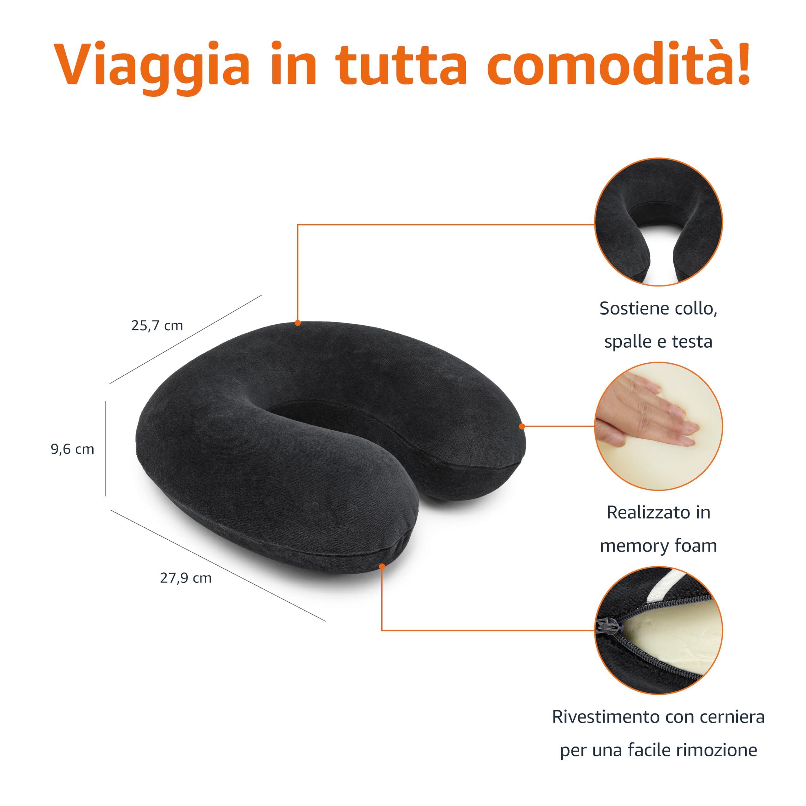 Amazon Basics Cuscino per il collo, in memory foam, 1 unità, Semicircolare, Nero