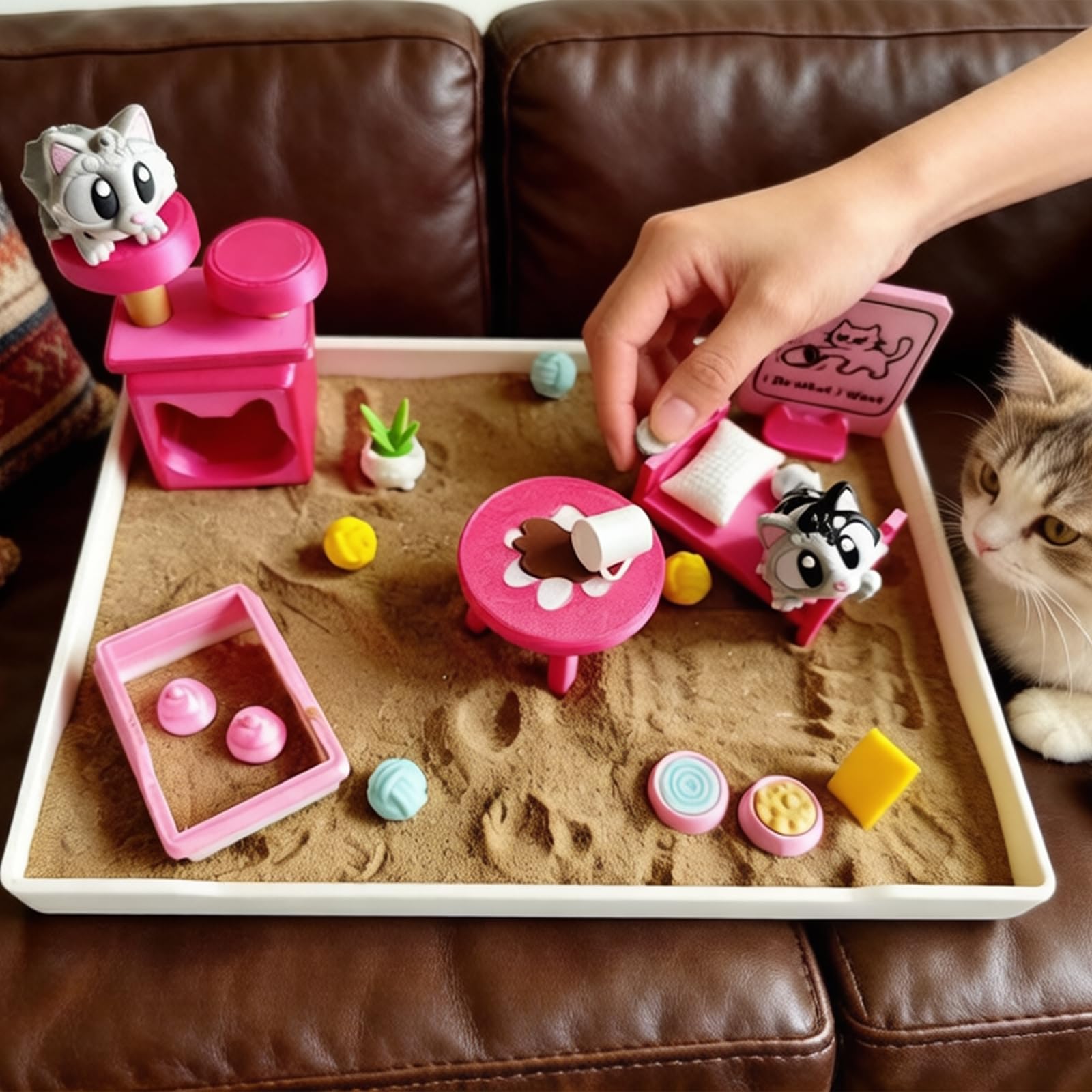 Regalos de gato para mujeres, mini jardín zen para escritorio, divertido kit de terapia de bandeja de arena de escritorio, accesorios de escritorio, suministros de oficina, regalos únicos para
