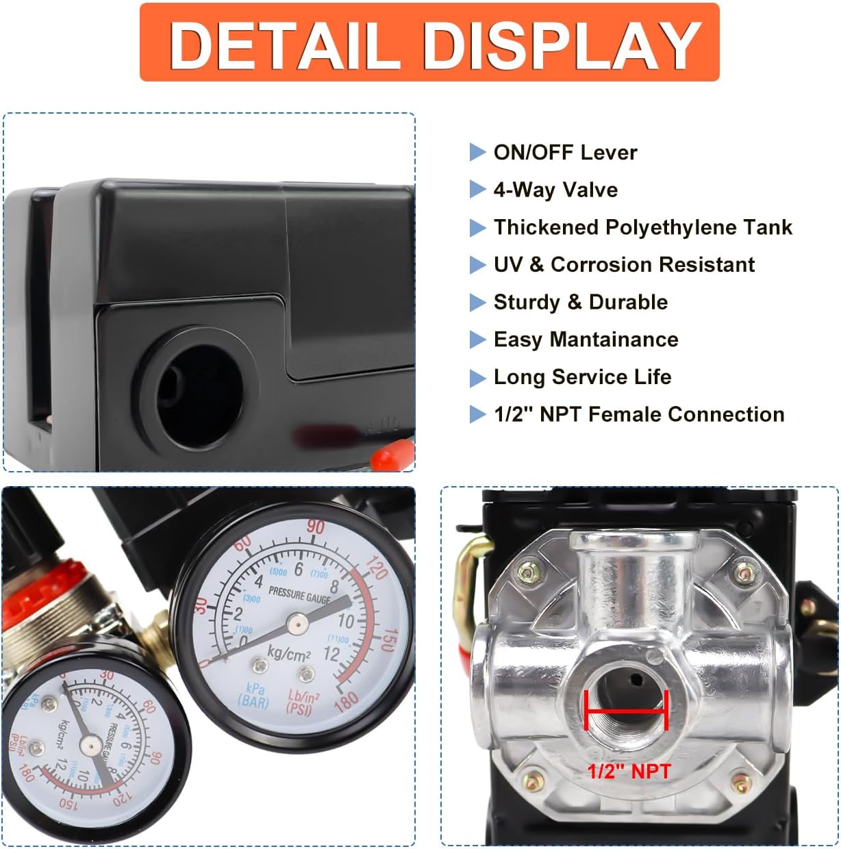 Air Compressor Pressure Switch, 90-120 psi Pressure Switch for Air Compressor, Heavy-Duty 4-Way Pressure Switch with 0-180 PSI Air Compressor Regulator,Safety Valve & ON/OFF Lever