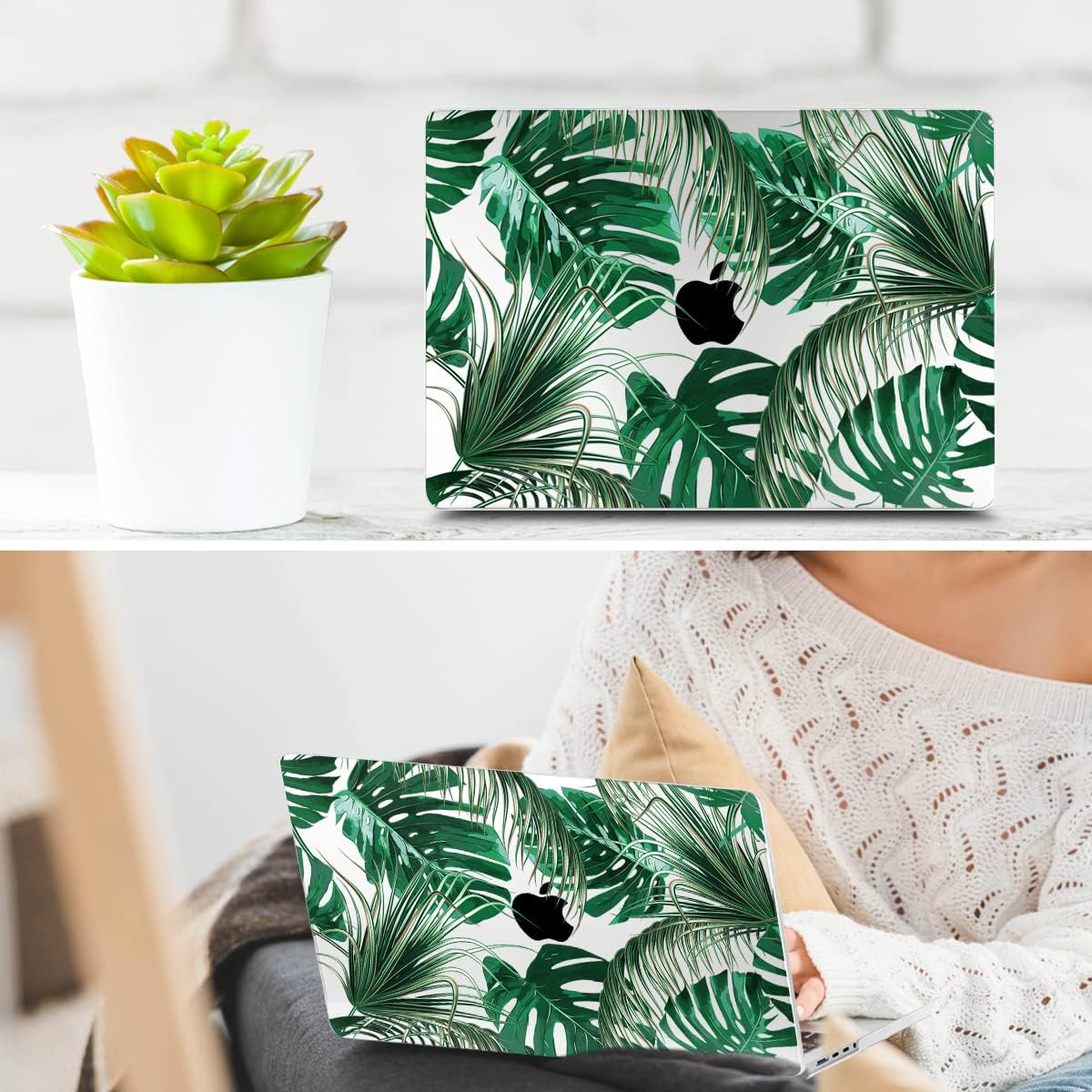 TWOLSKOO Compatible with MacBook Pro 14 inch Case 2023 2022 2021 Release M2 A2779 M1 A2442 Pro/Max Chip with Touch ID, Plastic Hard Shell Case&Keyboard Cover & Screen Protector, Tropical Palm Leaves