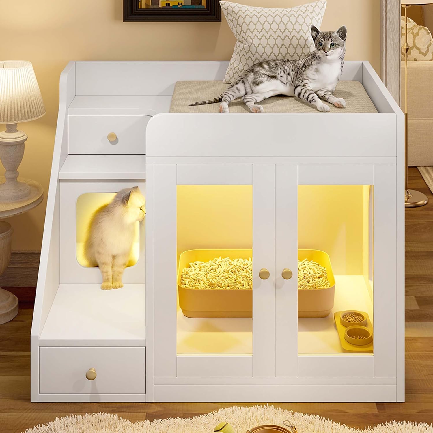 32.6" Cat Litter Box Furniture with LED, Hidden Litter Box Furniture with Storage, Enclosed Wood Cat House with Stairs & Doors, Farmhouse, Suitable for Living Room Bedroom (White)