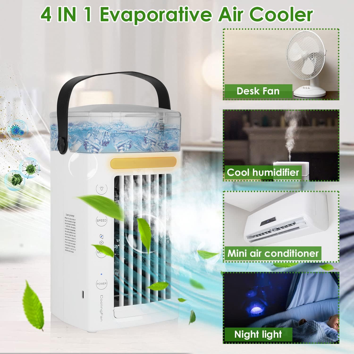 Portable Air Conditioners，Evaporative Cooler with Water Mist, 3 Speeds & Nightlight - USB Powered Mini Air Conditioner Fan for Bedroom, Office & Home，Small Portable Air Conditioner for Cooling
