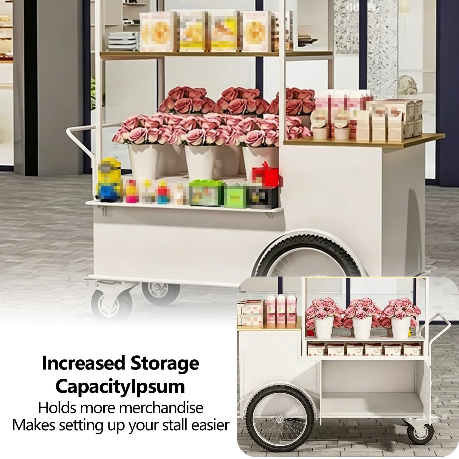Verkaufswagen mit Metallüberdachung, Mobiler Imbisswagen, Verkaufsstand für Einzelhandel, zum Verkauf von Süßigkeiten, Snacks und Blumen, für Märkte Veranstaltungen(White,140cm/55.1in)