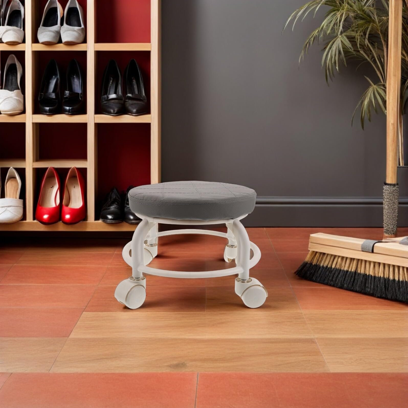 Sgabello Girevole con Ruote in Pelle PU Sgabello Basso Rotondo 25 CM per Salone Spa Manicure Mobile Professionale per Casa Ufficio Garage e Centro Estetico