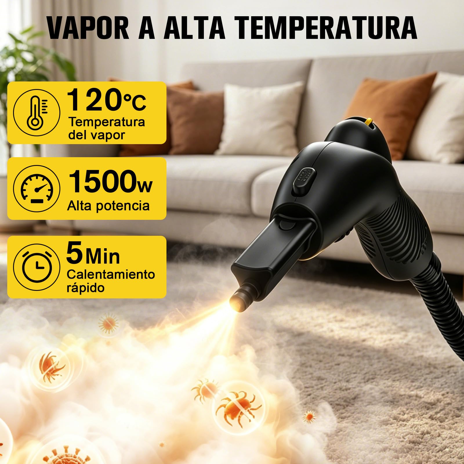 Waitbird Limpiador de vapor de mano para el hogar, 4,5 bar, 120 °C, vapor caliente, 1500 W | 21 accesorios | Sin productos químicos para suelo, coche, pared, juntas, cocina y baño | doble bloqueo de seguridad