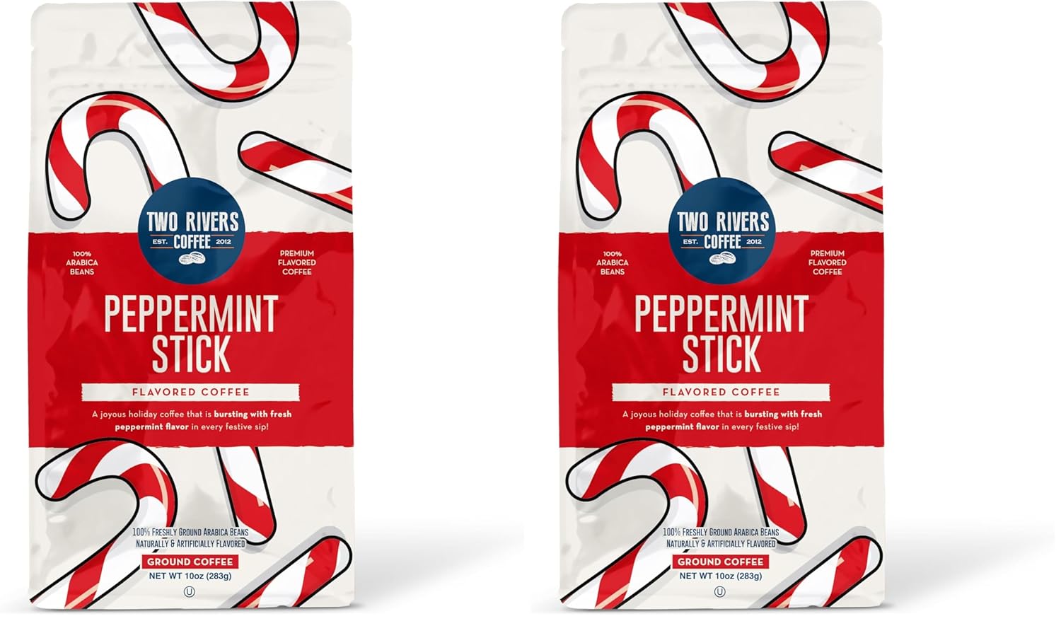 Two Rivers Coffee Peppermint Stick Flavored Ground Coffee Bag, 10 Oz (Pack of 2)
