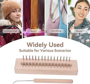 Beufee Wooden Knitting Loom, with Elbow Crochet Hook, Rectangular HandWeaving Machine Knitting Board 32 Pegs for Scarf Sweater Shawl Hat Craft