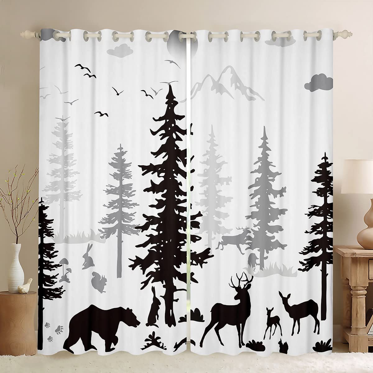 Cute Bear Blackout Curtains Deer Moose Curtains for Boys Girls, Jungle Wildlife Curtains & Drapes Kawaii Animal Living Room Curtains, Black White Cartoon Window Curtains for Kids Toddler Bedroom Decor
