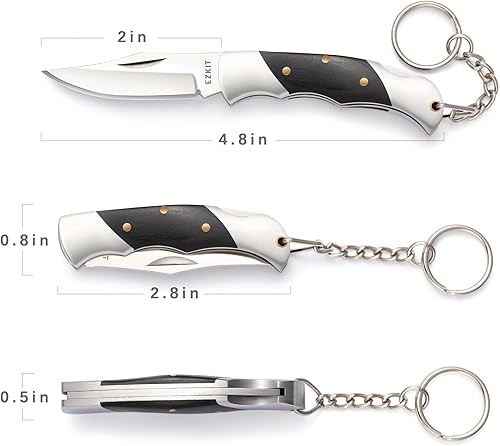 Miniatura 2 de Cuchillo de bolsillo pequeño, cuchillo EDC con mango de acero inoxidable y madera, cuchillo pequeño, longitud de la hoja 2 pulgadas