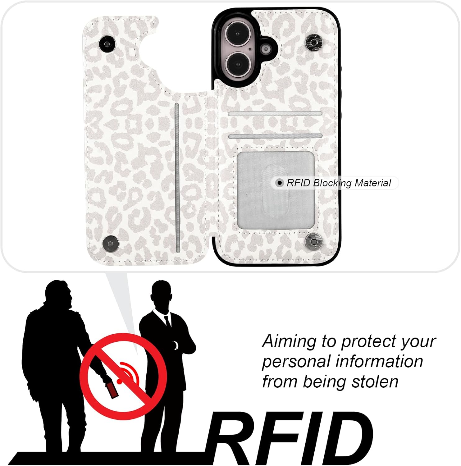 HAOPINSH for iPhone 16 Case Wallet with Card Holder, White Leopard Cheetah Pattern Back Flip Folio PU Leather Kickstand Card Slots Case for Women Girls, Double Magnetic Clasp Shockproof Cover 6.1" - Image 4