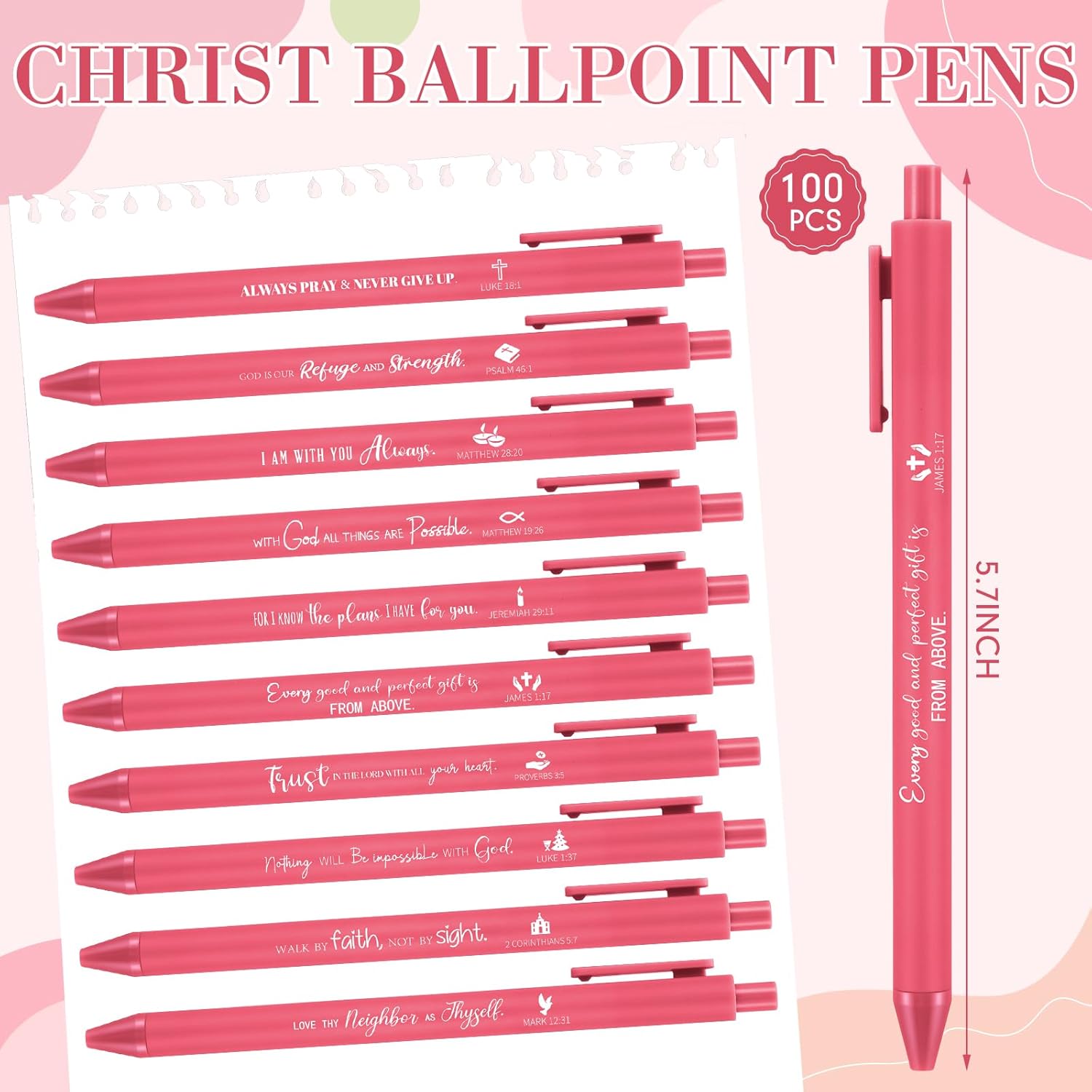 Engrowtic 100 Pcs Christian Gifts Bulk Bible Verse Pens Inspirational Quotes Scripture Ballpoint Pens Christian Gift for Bible Women Employee Sunday School Study(Deep Pink Color)