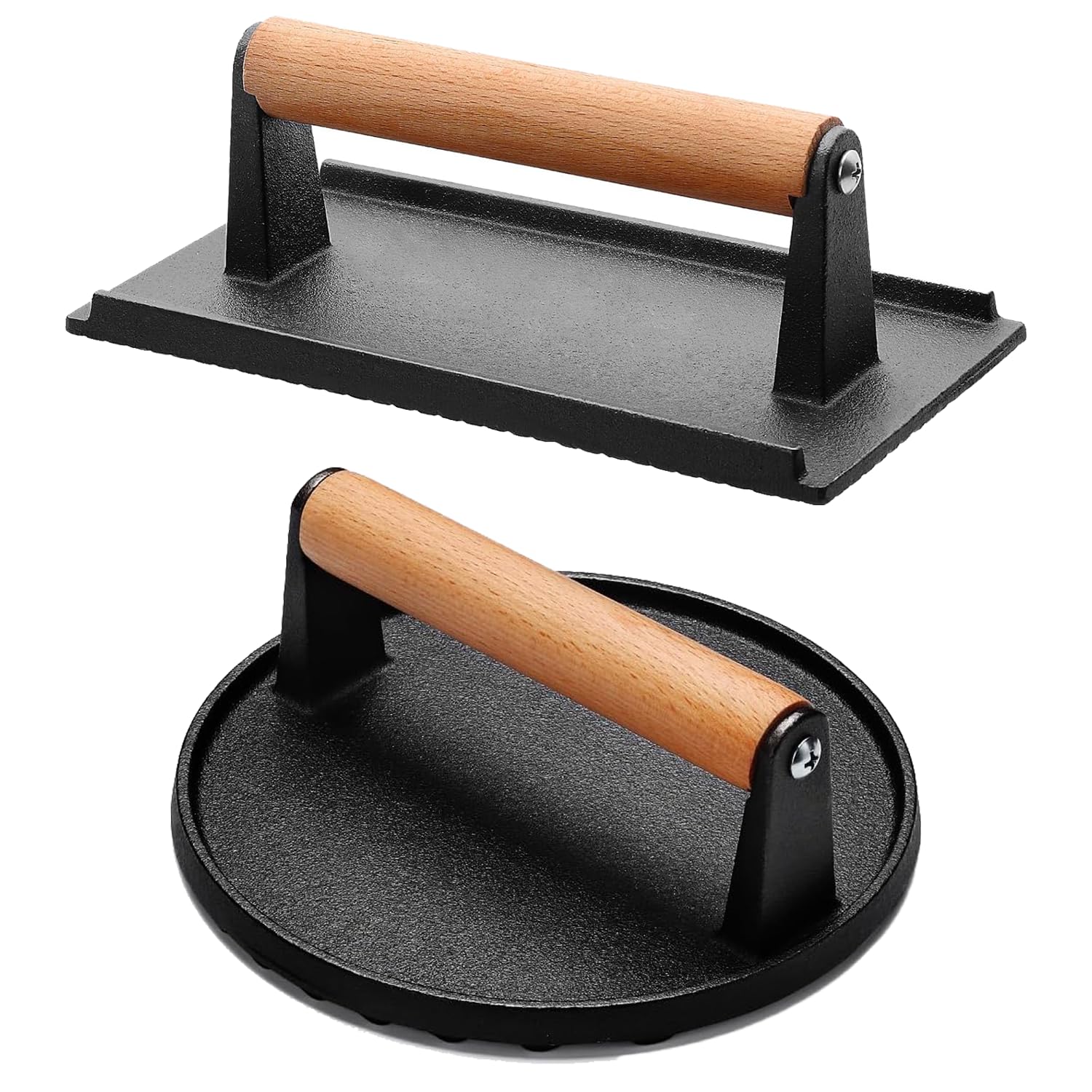 Ensemble de Presse à Burger en Fonte Polyvalent - Forme Ronde & Rectangulaire pour Écraser la Viande avec Poignées en Bois pour Planchas, Sandwichs, et Plus Encore