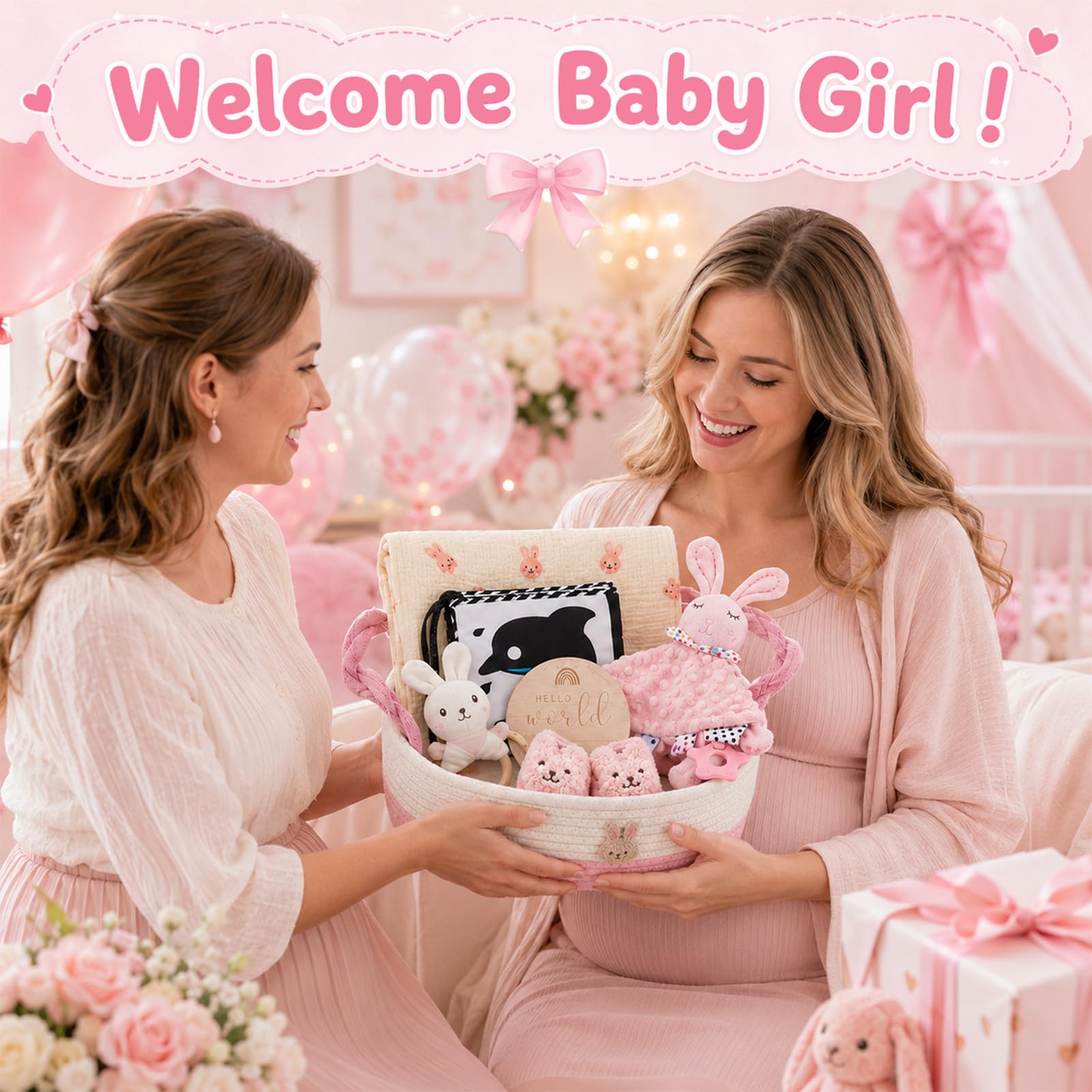 Set de regalo para recién nacidos de 9 piezas con manta para bebé, babero, calcetines, sonajero, tarjetas de hitos y cesta de algodón – Equipo inicial perfecto para nacimiento y baby shower