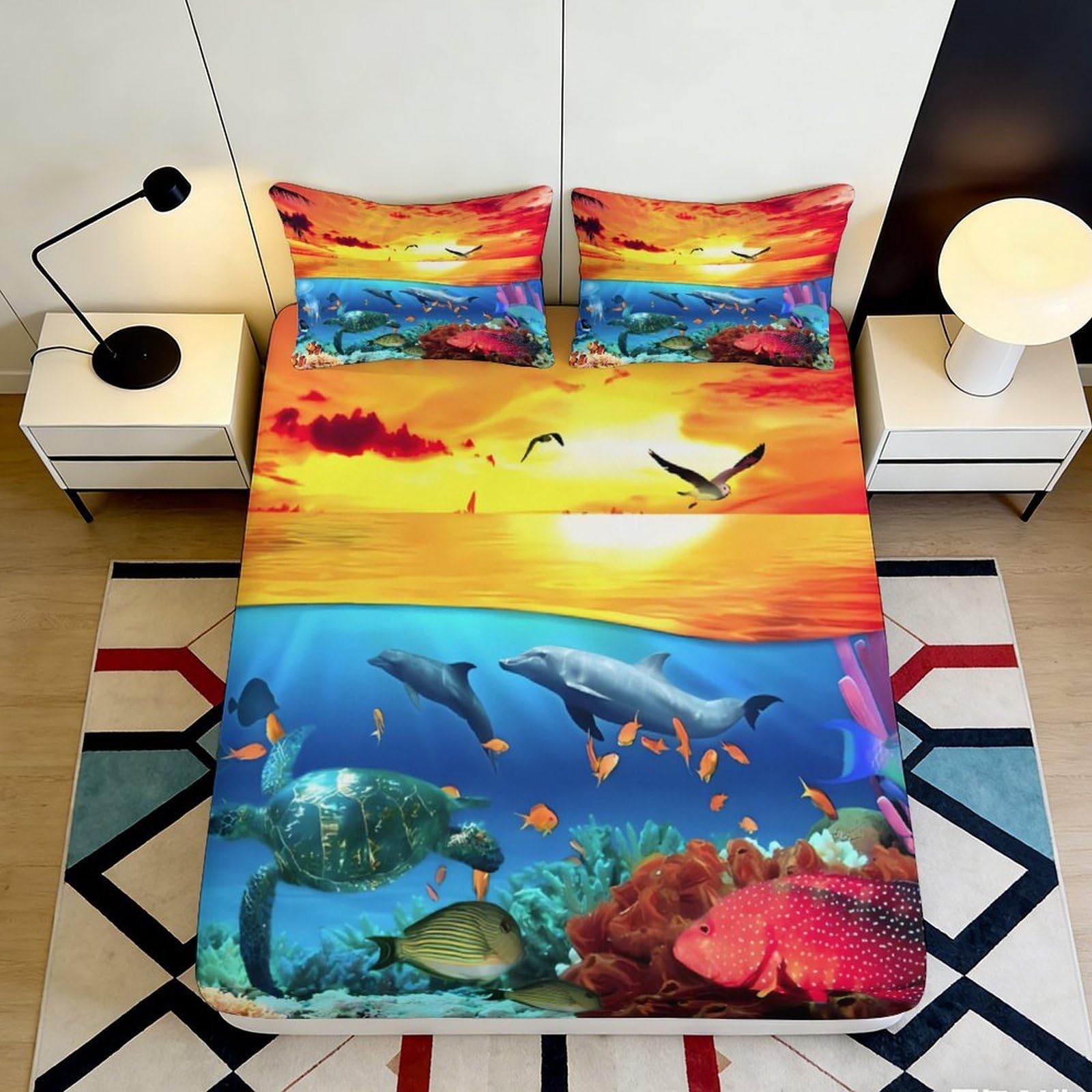 Pnayamiorkfel Style-10 3D Printed Ocean Sunset Fitted Sheet Microfiber Vibrant Underwater Dolphin Mattress Cover Bedroom Decor 90X200x25cm
