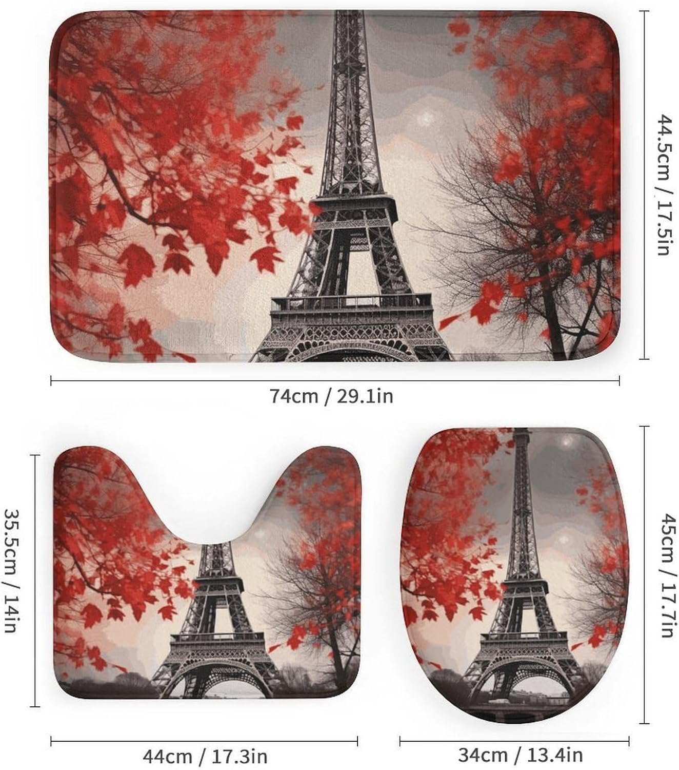 Eiffel Tower Autumn Leaves Shower Curtain Set 4 Piece, Non-Slip Bath Mat with Toilet Lid Cover and Waterproof Shower Curtain with 12 Hooks, Complete Bathroom Set for Home Decor