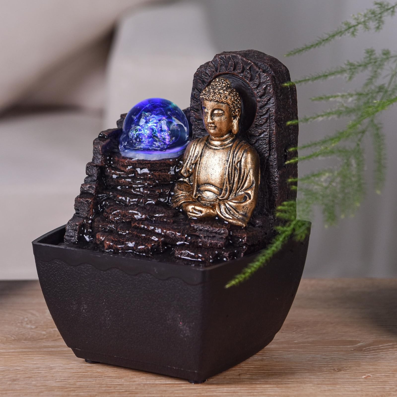Fontanna Zen Budda Kolorowe światło LED - Dekoracja Zen Spirit - Obiekt szczęścia Feng Shui - Fontanna stołowa - Inteligentny i przydatny pomysł na prezent w niskiej cenie - wys. 18 cm - Theravada