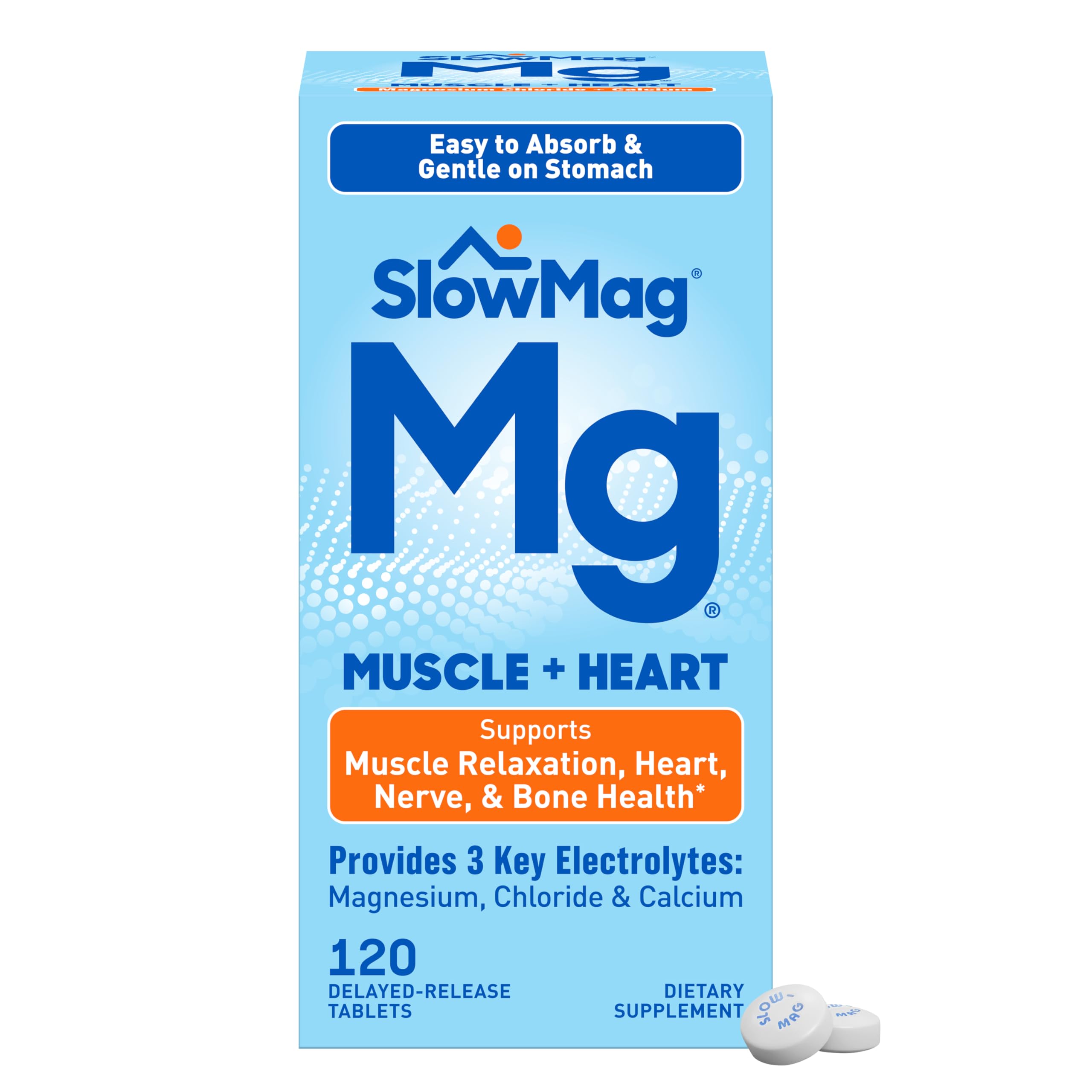 SlowMag Muscle + Heart Magnesium Chloride with Calcium Supplement to Support Muscle Relaxation, Occasional Muscle Cramping & Heart Health, High Absorption, 120 Count