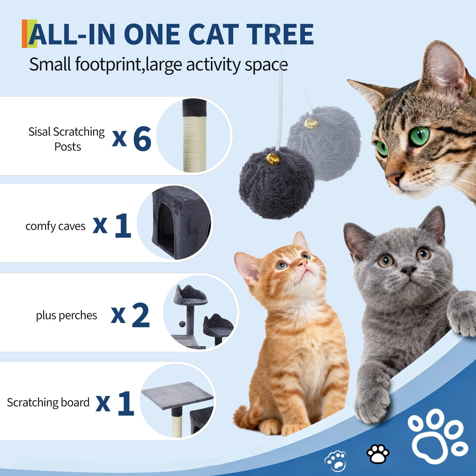 Garvee Árbol para Gatos de 183 cm de Altura, Rascador Grande de Varios Niveles con 2 Cuevas Espaciosas, 3 Plataformas Acolchadas, Postes de Sisal Natural, Rampa de Arañar y Bolas, Color Gris Oscuro
