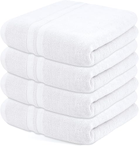 Juego de 4 toallas de baño de 27 x 55 pulgadas, suaves al tacto, toallas de algodón altamente absorbentes para baño, gimnasio, hotel y spa (blanco)