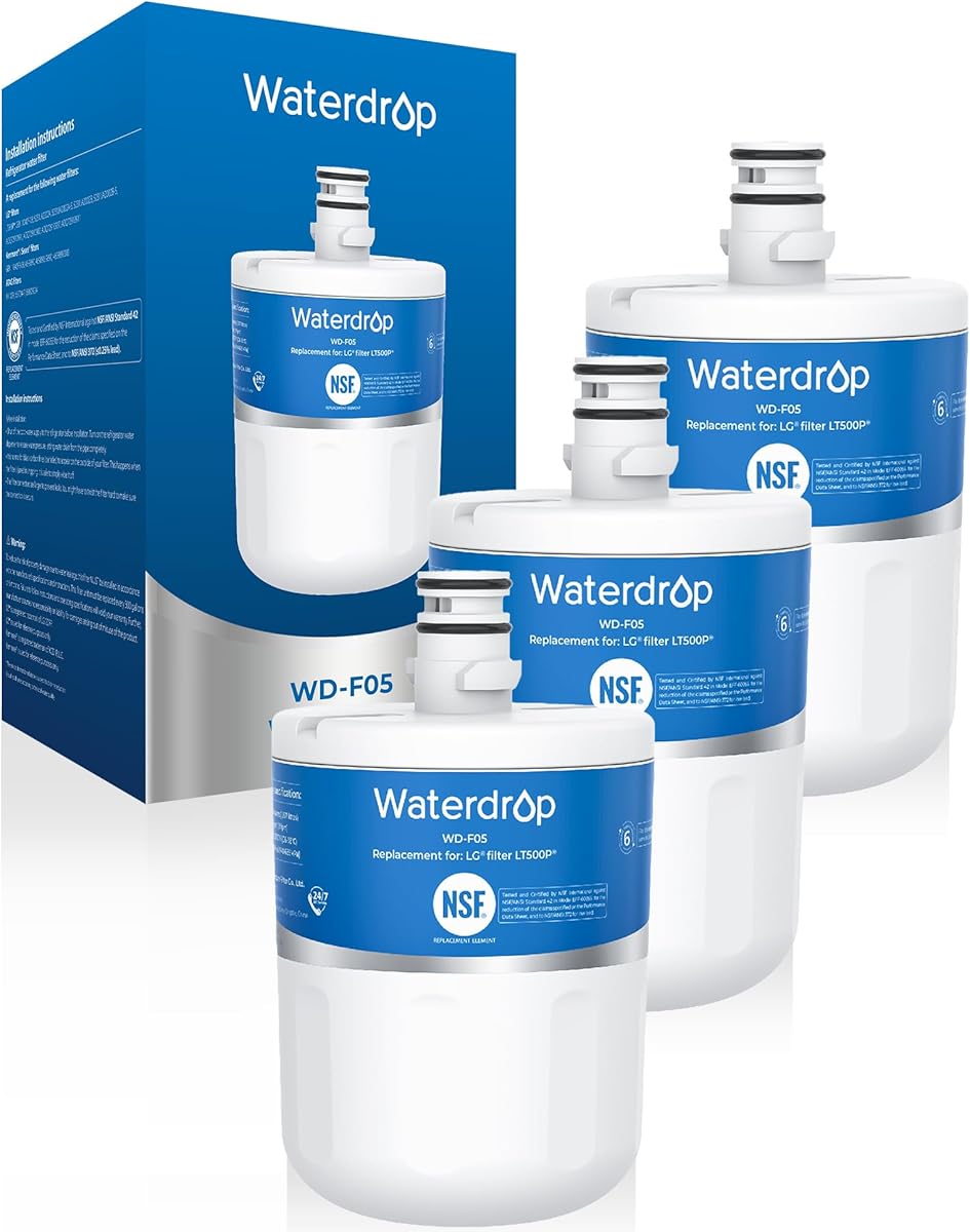 Waterdrop 5231JA2002A Refrigerator Water Filter, Replacement for LG® LT500P®, ADQ72910911, ADQ72910901, Kenmore GEN11042FR-08, 9890, 46-9890, LFX25974ST, Pack of 3, Package May Vary