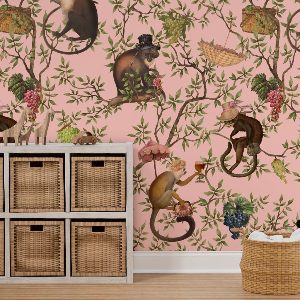 Peel & Stick Wallpaper 3ft x 2ft - Antique Chinoiserie Whimsical Drunk Monkey Marie Antoinette Rococo Garden Floral Custom Removable Wallpaper by Spoonflower