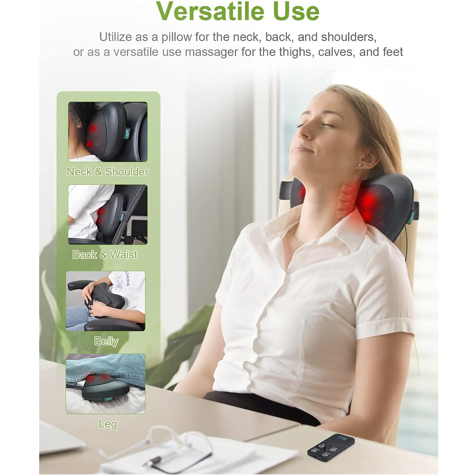 Ugift - Cuscino massaggiatore per la schiena con telecomando, massaggiatore profondo del collo con calore e impasto Shiatsu per alleviare il dolore per il corpo e le spalle, gambe e piedi