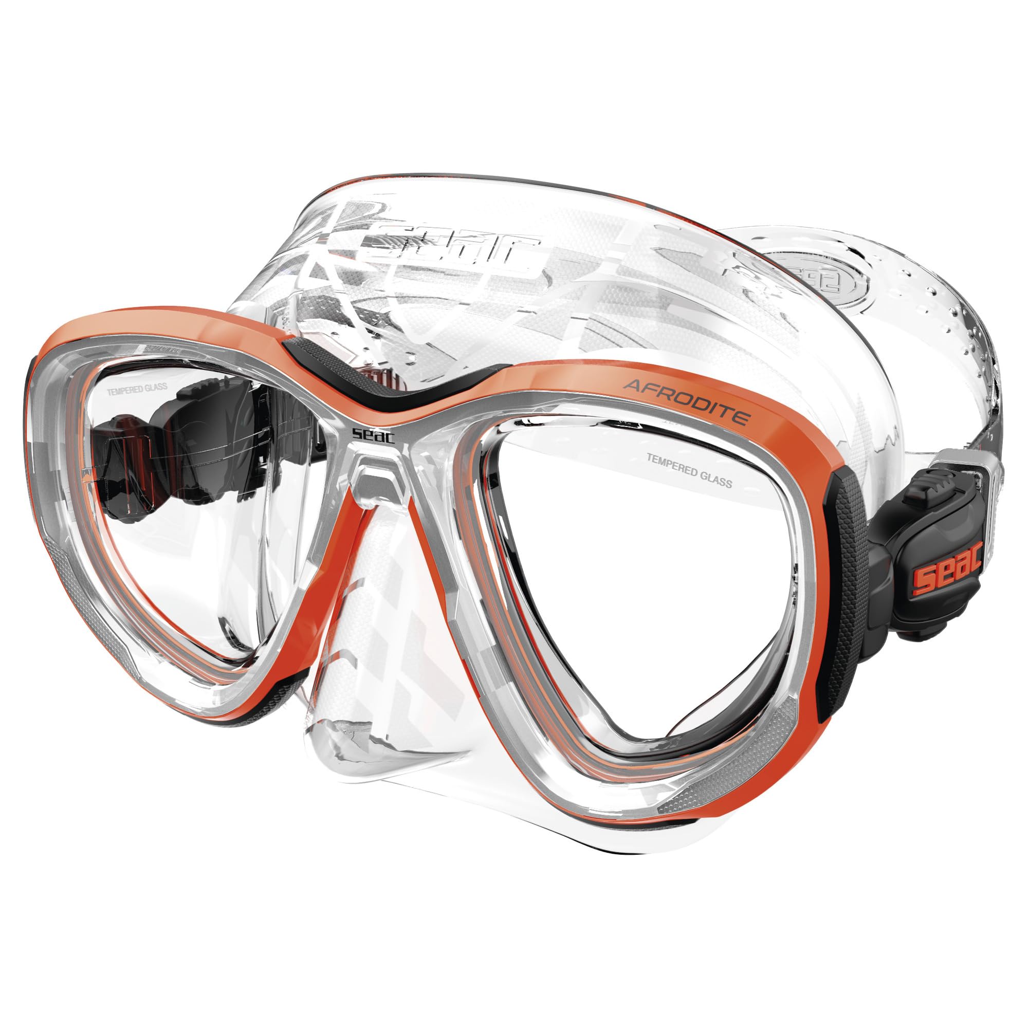 SEAC Afrodite, Low-Volume Dive Mask with 3 mm Tempered Lenses, Comfort Silicone Skirt, Adjustable 3D Buckle, Compatible with Optical Corrective Lenses (-1.0 to -6.0), Orange/Transparent, Asian Fit