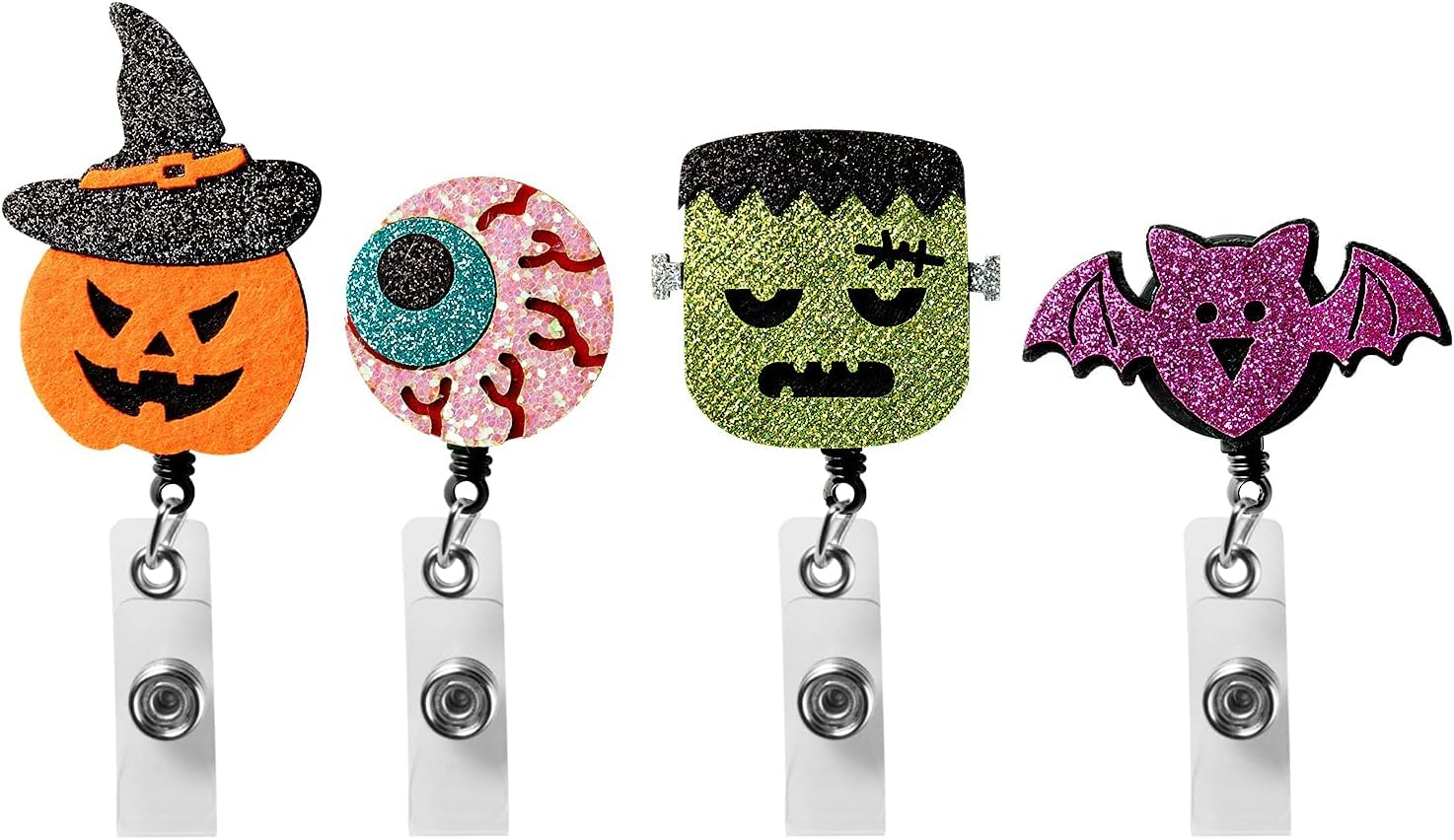 PANTIDEPANTIDE 4Pcs Halloween Retractable Badge Reel Felt, Pumpkin Badge Holder Bat Badge Clip, Name ID Card Badge Clip for Kids Office Staff Student Nurse, Halloween Glitter Decorative Badge Reel Metal Clip