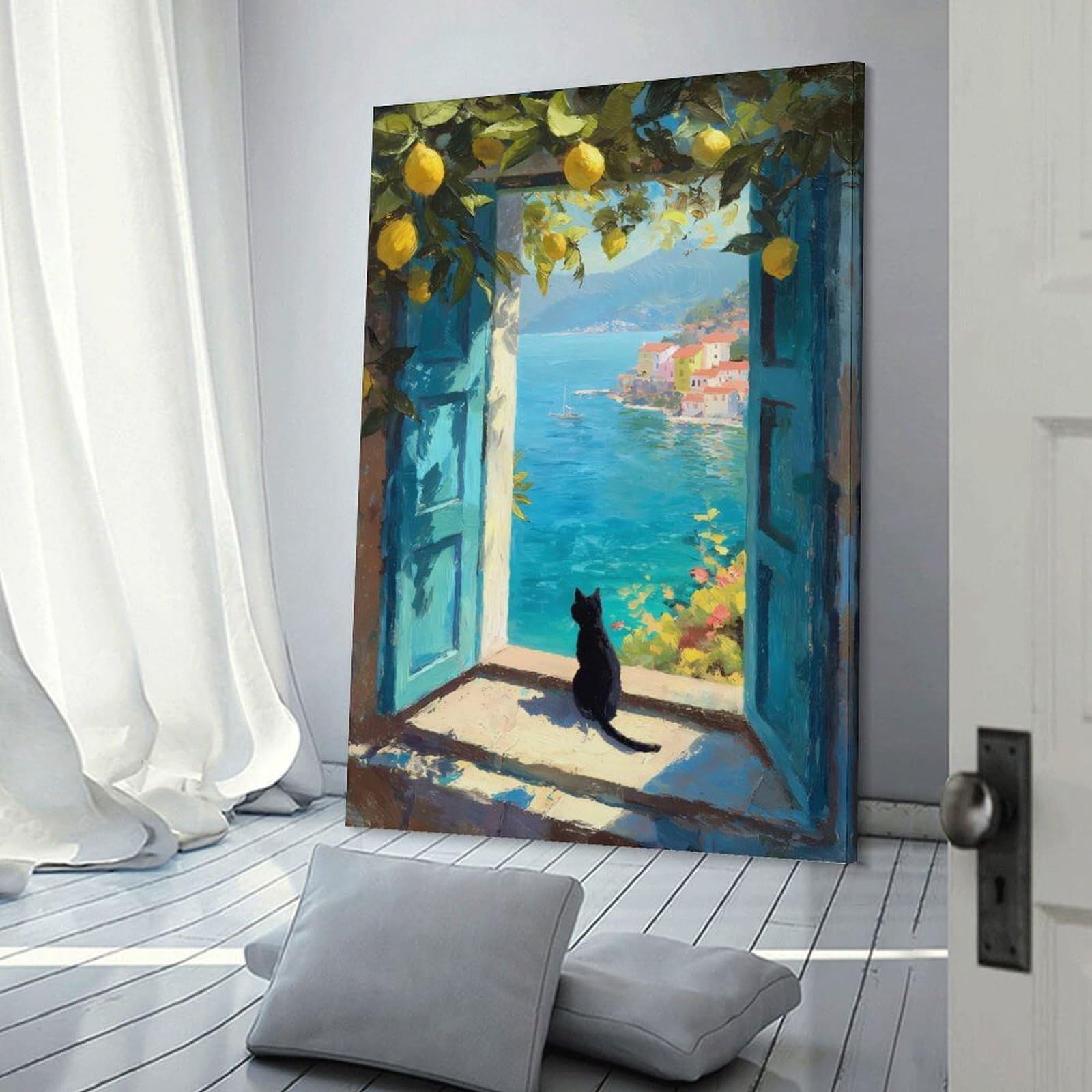 Junmoney Canvas Art Print Black Cat Gazes at Mediterranean Coast, 20x30inch(50x75cm), for New Homes, Bedrooms Or Workspaces, Thoughtful Wall Decor for Art Lovers