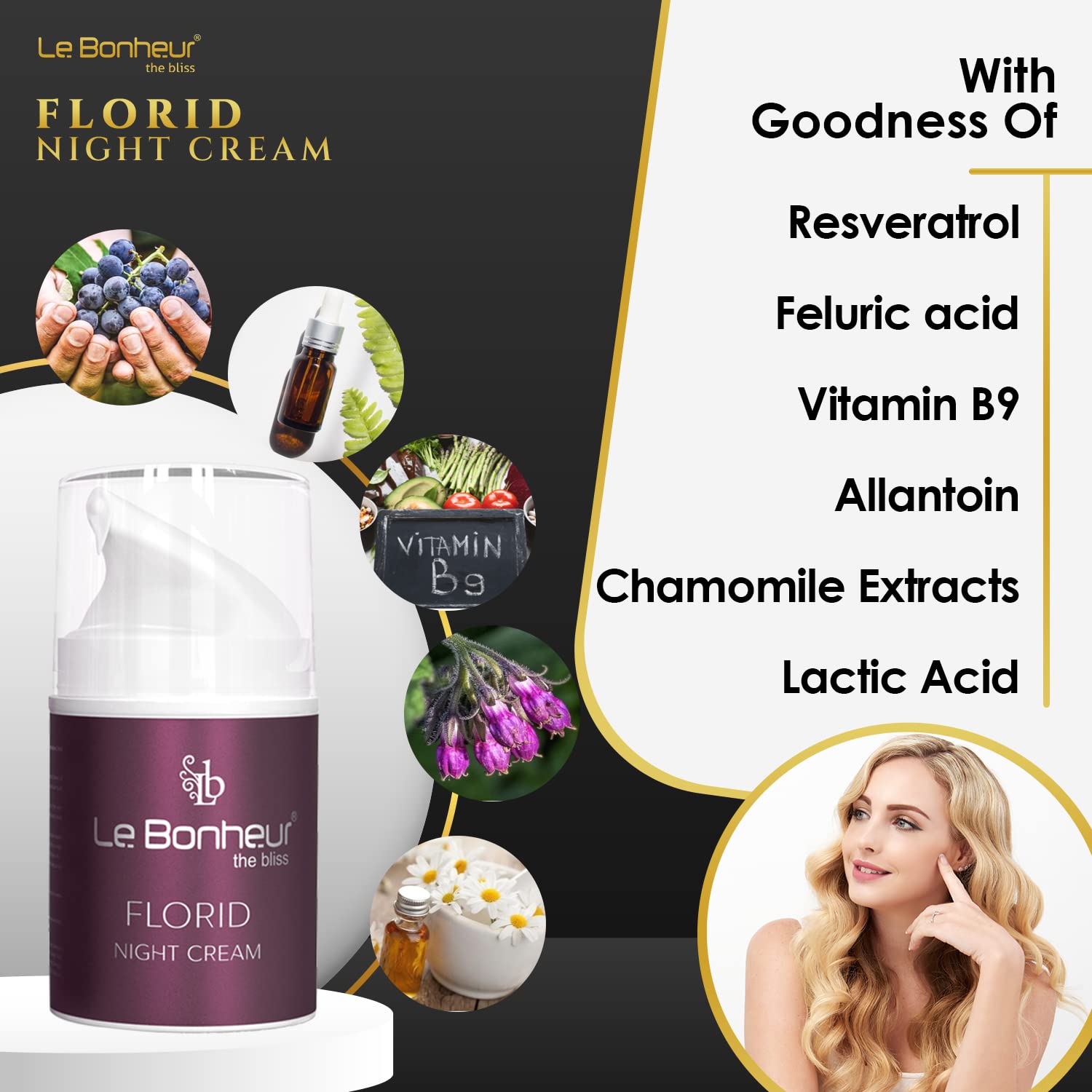 Le Bonheur Florid Night Cream | Brightning & Pulping Skin | Vitamin B9, Allantoin, Chamomile | For Men or Women & All Skins Types | 50 ml