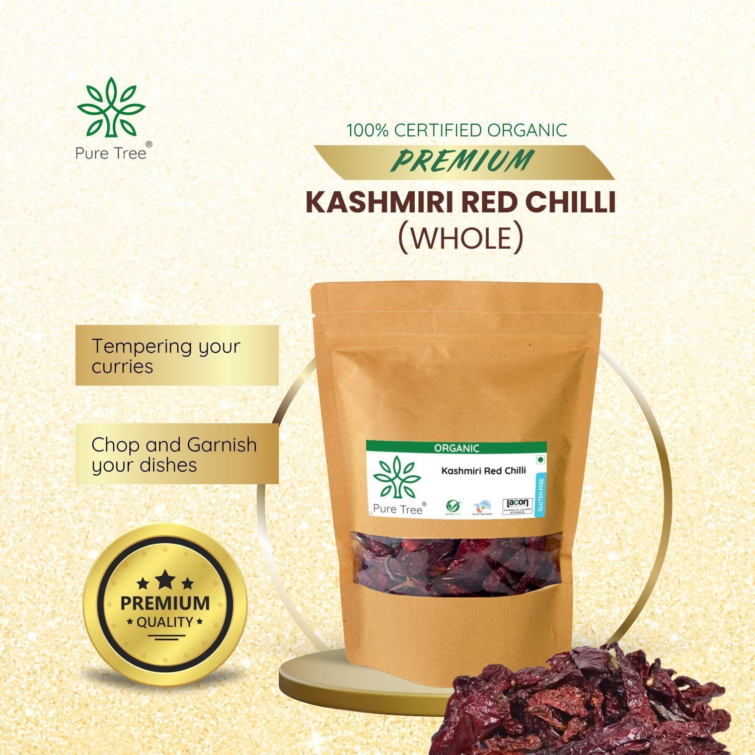 Pure Tree Certified Organic Kashmiri Lal Mirch | 100 Gm | Red Chilli Whole | Sabut Lal Mirch | Kashmiri Chilli Lal Mirch Whole Strong Smoky Spice | Dry Red Chilli Whole - Image 4 thumbnail