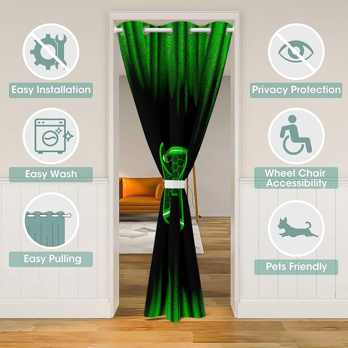 Homemissing Gamer Door Curtain for Doorway Privacy 86x203cm Kids Game Controller Room Divider Curtain Cover Green Black 30%-50% Room Darkening Blackout Curtain Gaming Window Treatments Room Decor - Image 3