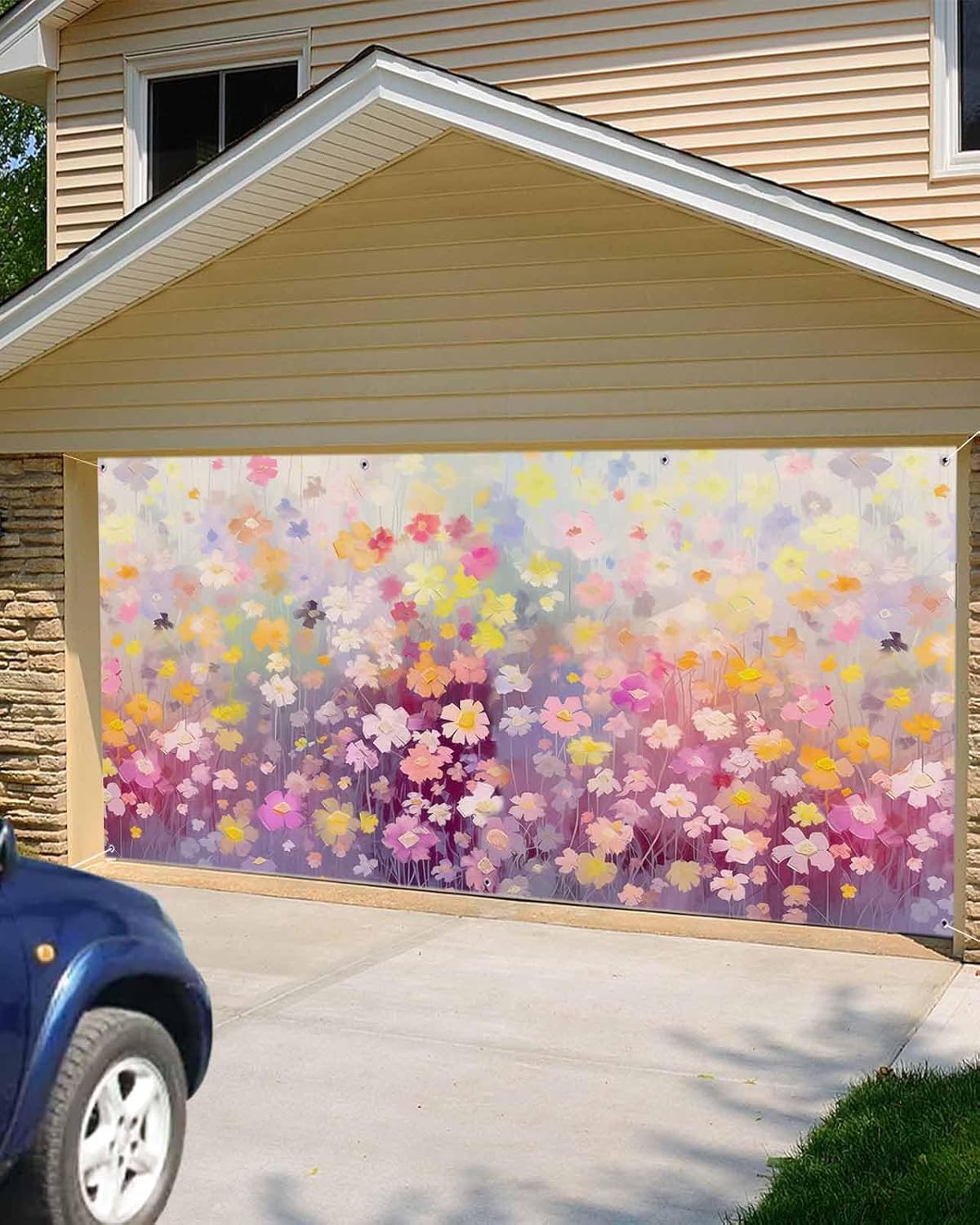 Washable Spring Garage Door Decorations Reusable Hanging Garage Door Banner Cover Watercolor Oil Painting Texture Art Spring Flowers Pink Purple Garage Backdrop for Indoor Outdoor Decor, 72x156 Inch