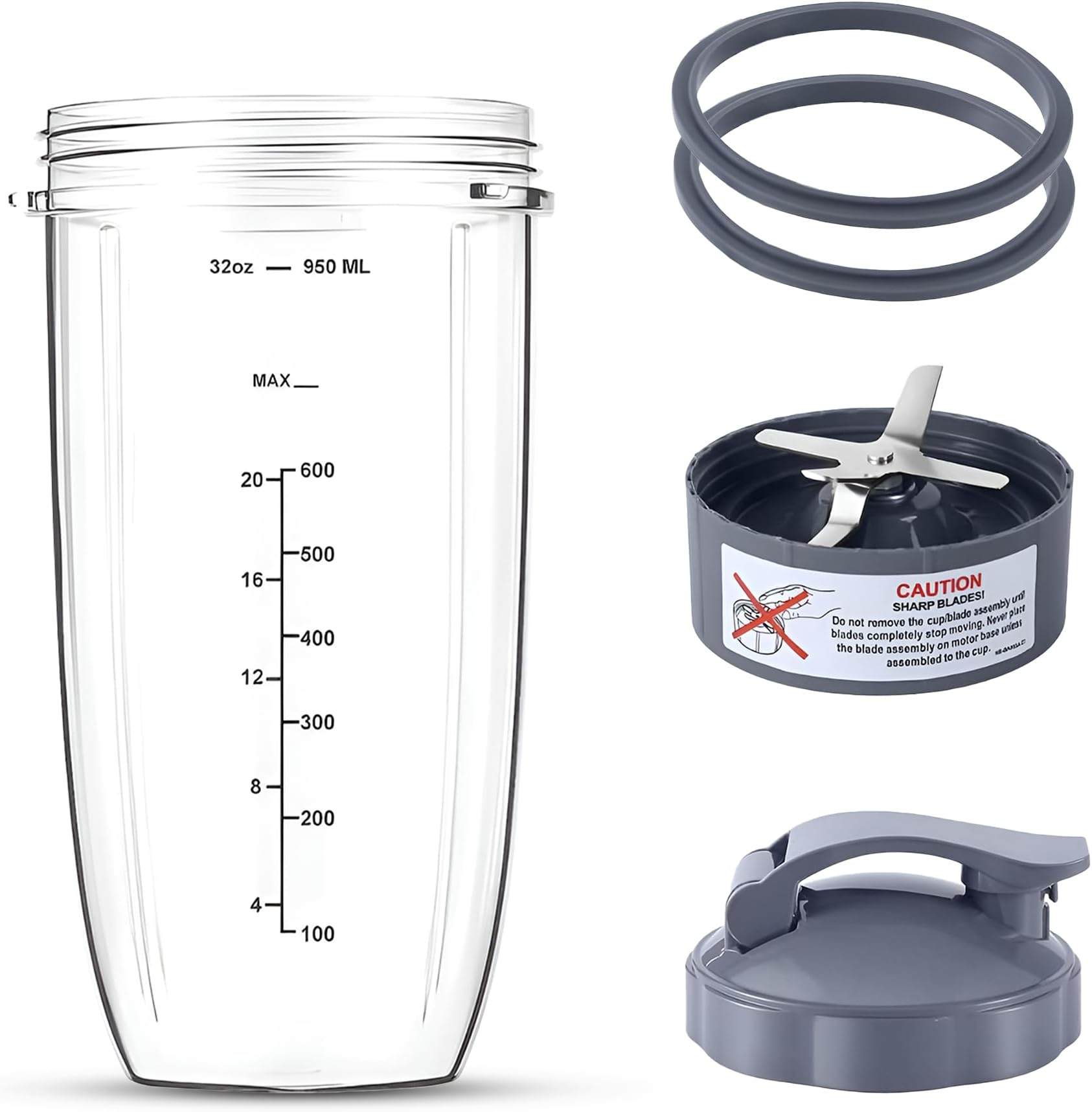 Replacement 32oz Cup for the Nutribullet Cup with a Portable Lid - Premium extractor blade replacement for the nutribullet blender and 2 lid rings compatible with nutribullet accessories.