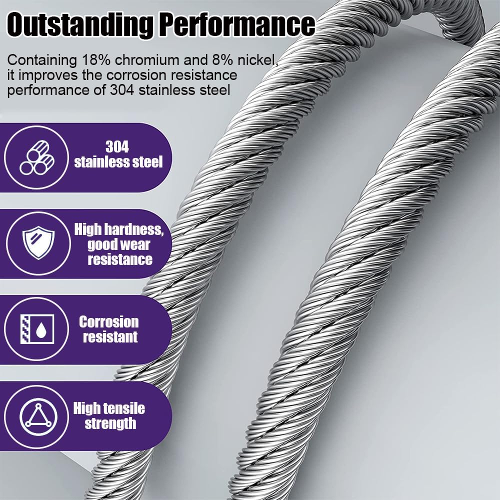 Cable Acero 6mm, 15m Cable de Acero Inoxidable, 7 x 19 Hebras Cable Principal Zipline con 4 Abrazaderas y 4 Dedal, para Teleféricos, Luces para Exteriores