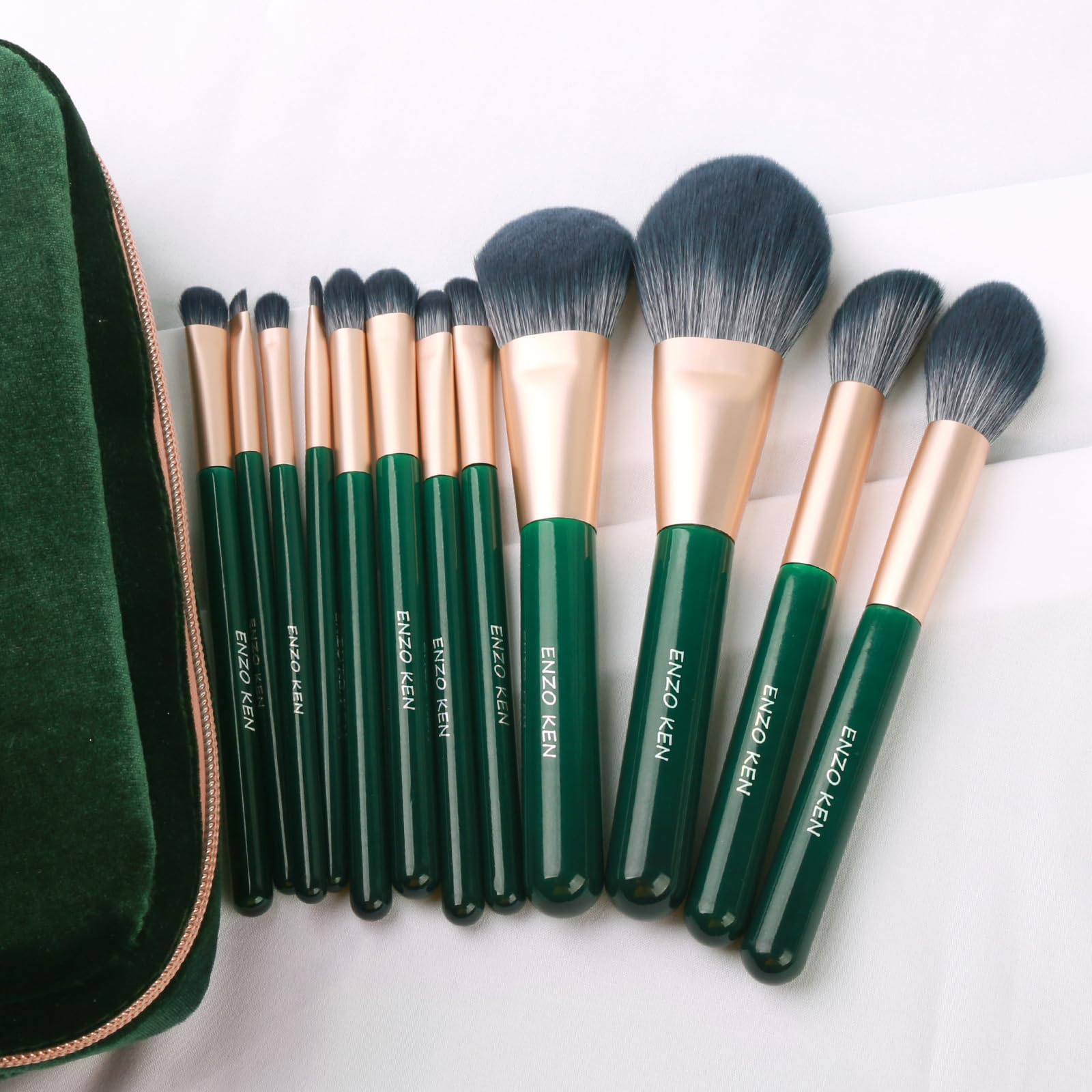 ENZO KEN Juego de Brochas de Maquillaje de Fibra Natural y Pelo de Cabra Professional, Set de Brochas de Maquillaje para Pelo Combinado con Bolso de Mano, Brochas Verde de Pelo Natural.