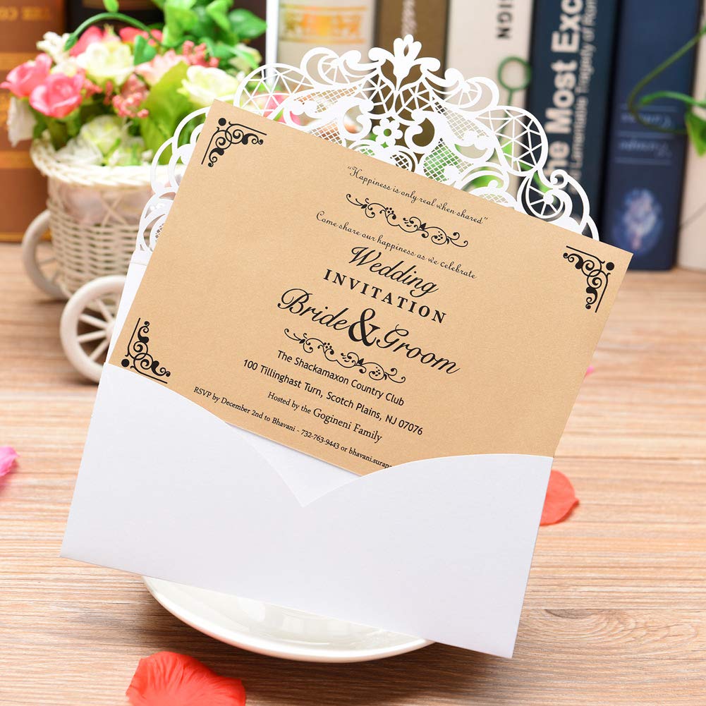Kit de invitaciones de boda cortadas con láser con sobres y hojas interiores para bodas, fiestas de cumpleaños, baby shower, 50 paquetes, 12 x18cm, Blanco