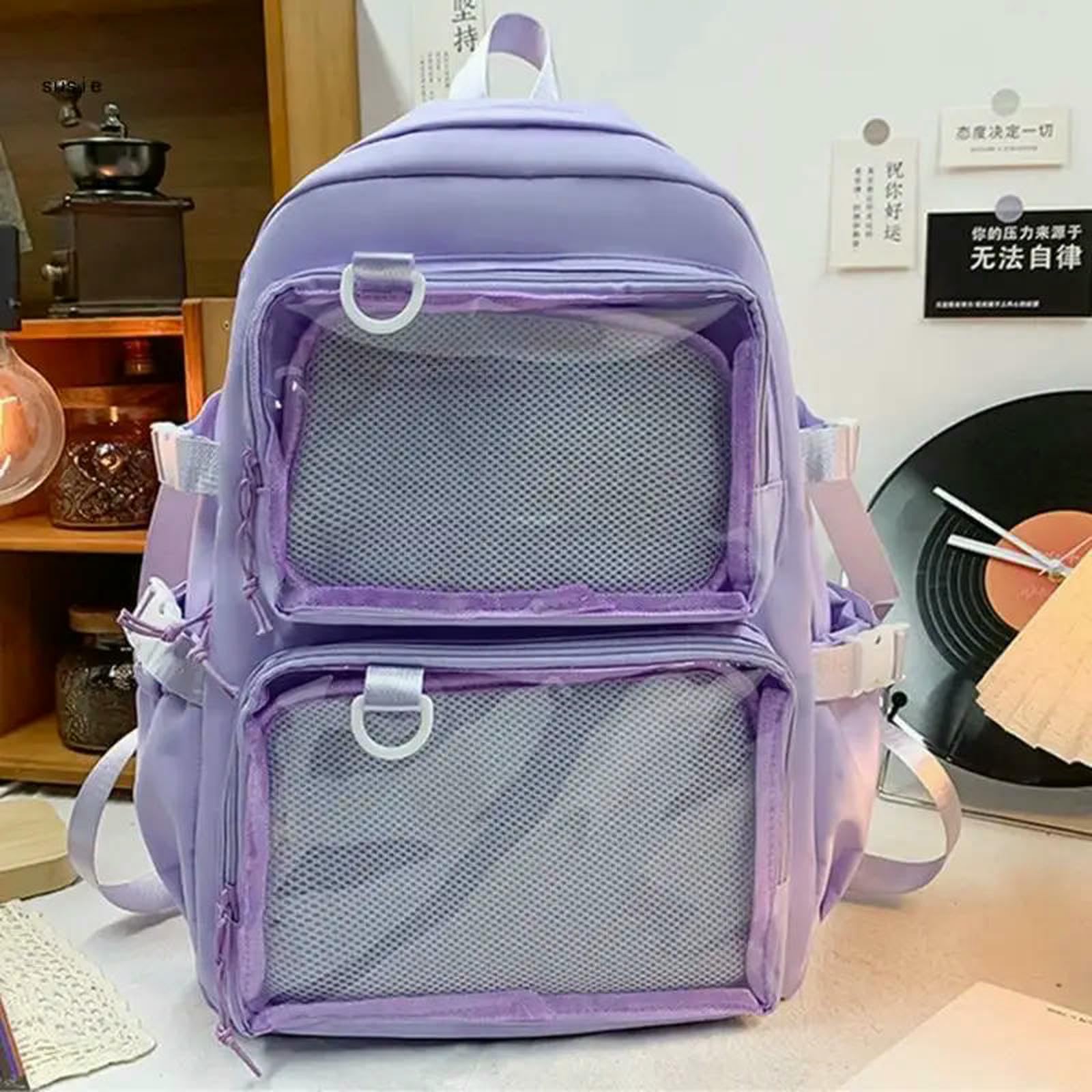 Zaino Studente Universitario Grande capacità Nylon Zaino Trasparente Tasca Borsa Scuola Distintivi