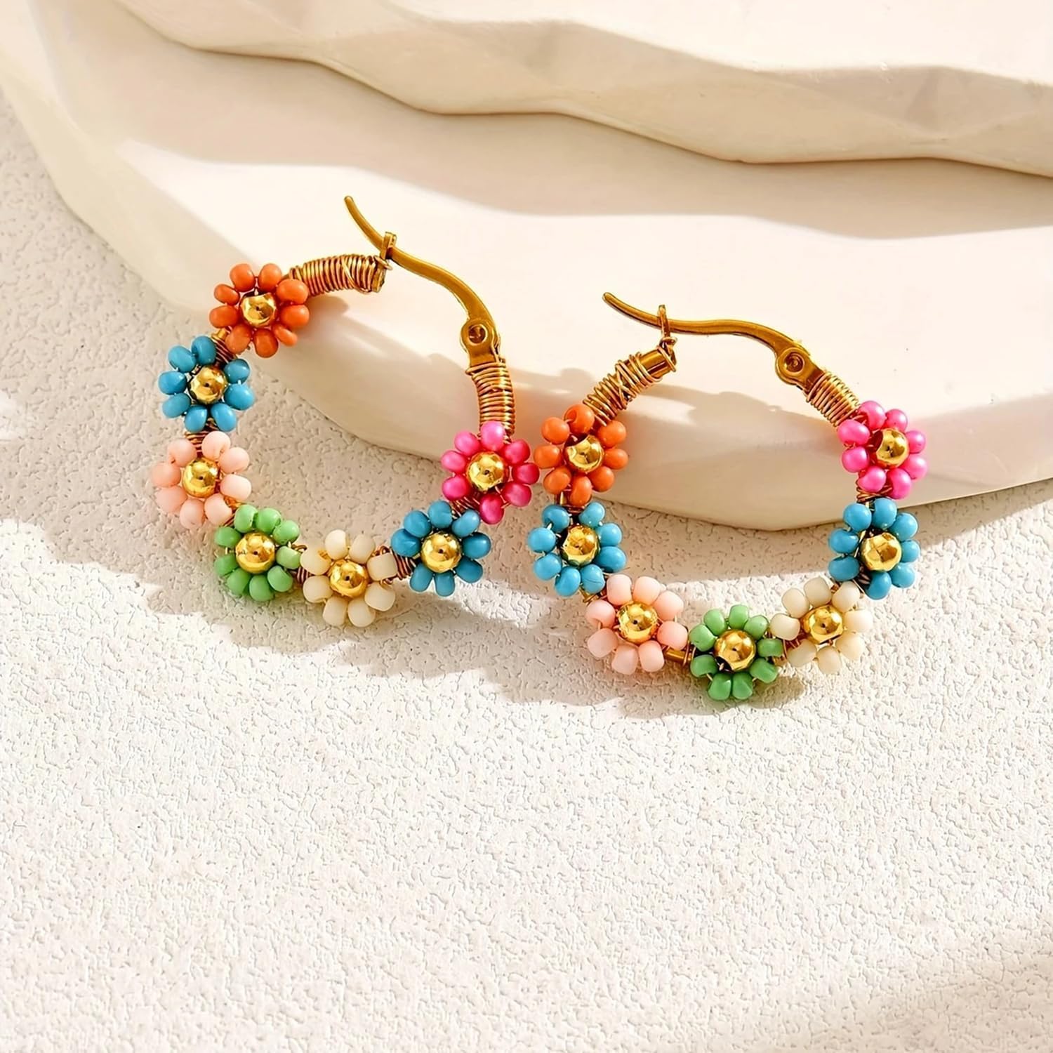 Colorful Rice Beads Flower Hoop Earrings for Women Handmade Beaded Boho Gold Circle Earrings Jewelry Resin Floral Hoop Earring Gift - Image 3