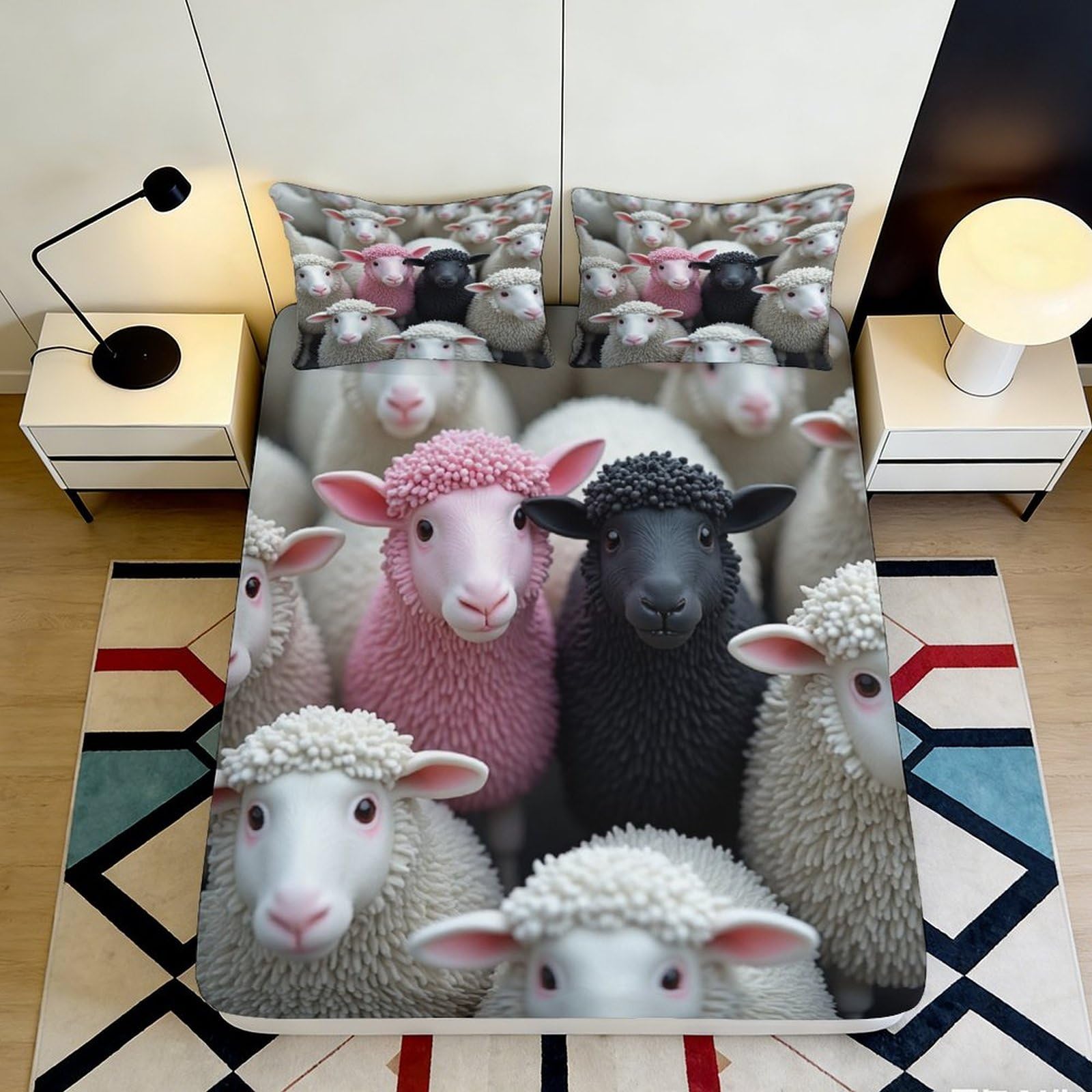 3D Printed Sheep Pattern Fitted Sheet Microfiber Deep Pocket Bedroom Non-Slip Sheep Mattress Fitted Cover for Home 200x200x25cm