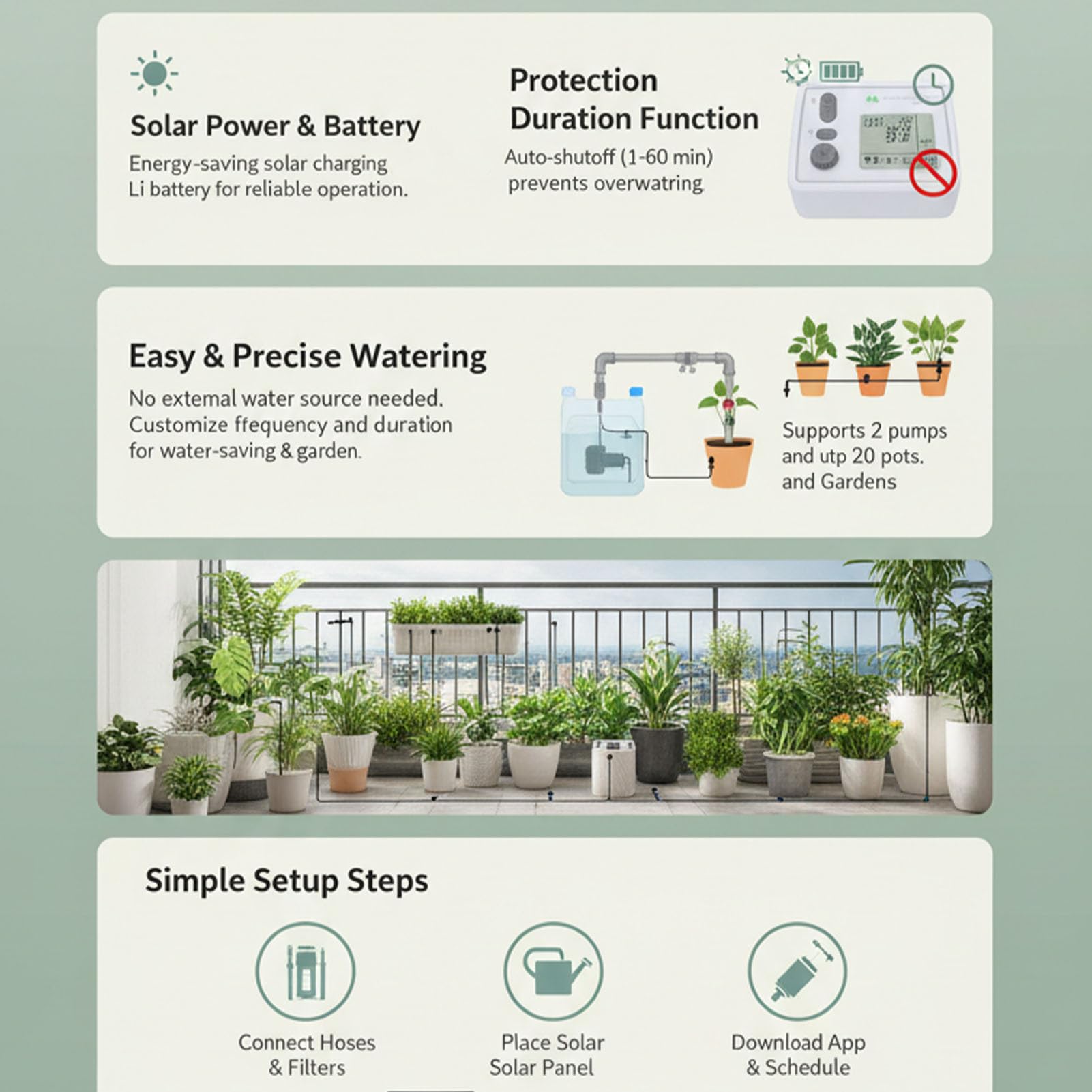 ASHATA Kit di Irrigazione a Goccia Solare Efficiente di Irrigazione a Goccia Automatico Alimentato Ad Energia Solare per Balcone Giardino Materiale: ABS, Elettronica Dimensioni: 5,12x4,13x2,32 Pollici